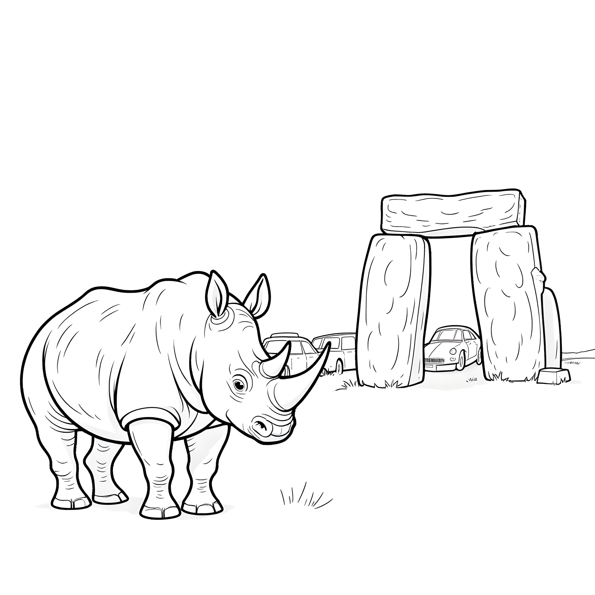 Rhino exploring ancient stone structures Coloring Page (free black-and-white line drawing printable PDF for all, from beginners to advanced learners, including children, teens, adults, and seniors)
