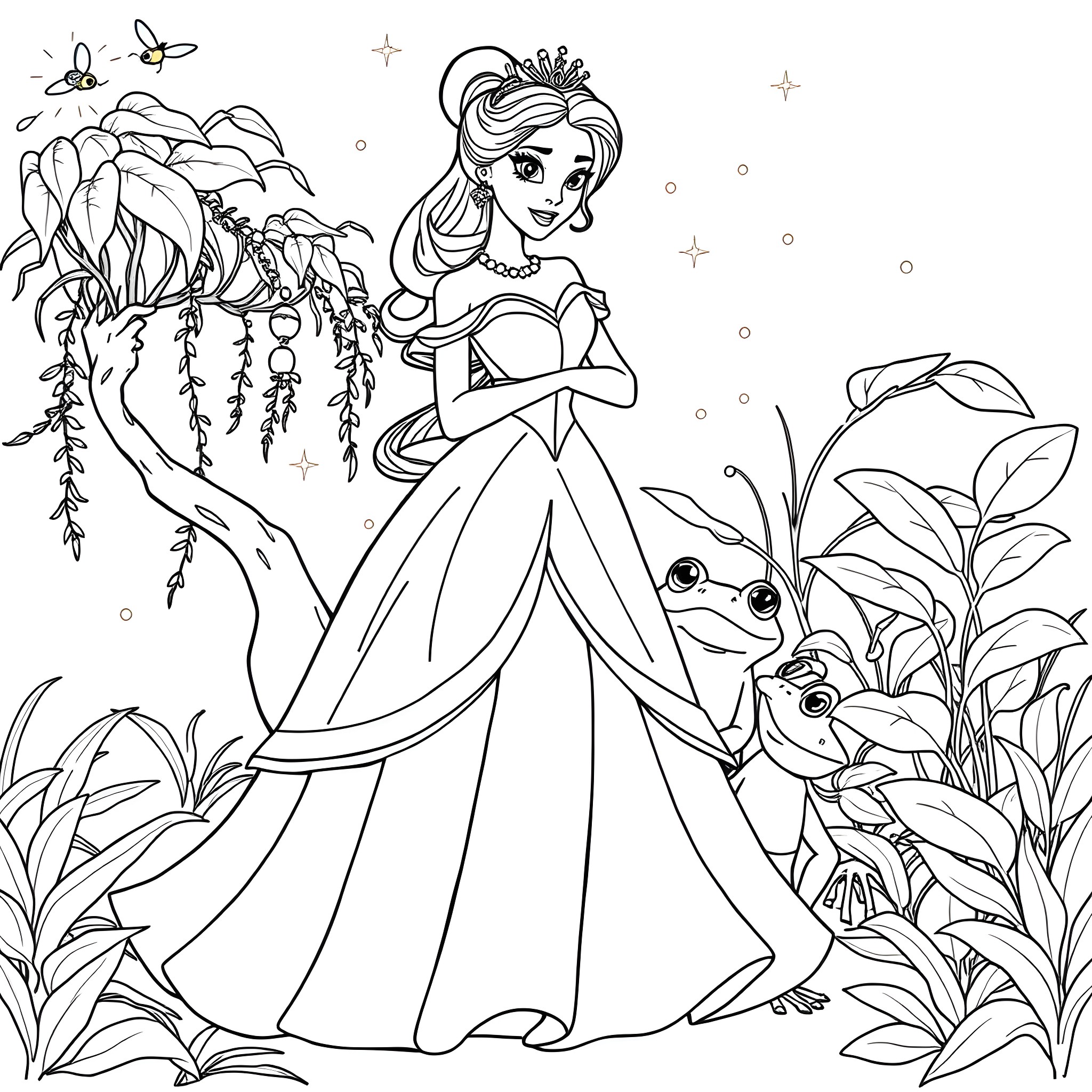 Tiana's fairytale adventure in the enchanted forest Coloring Page (free black-and-white line drawing printable PDF for all, from beginners to advanced learners, including children, teens, adults, and seniors)