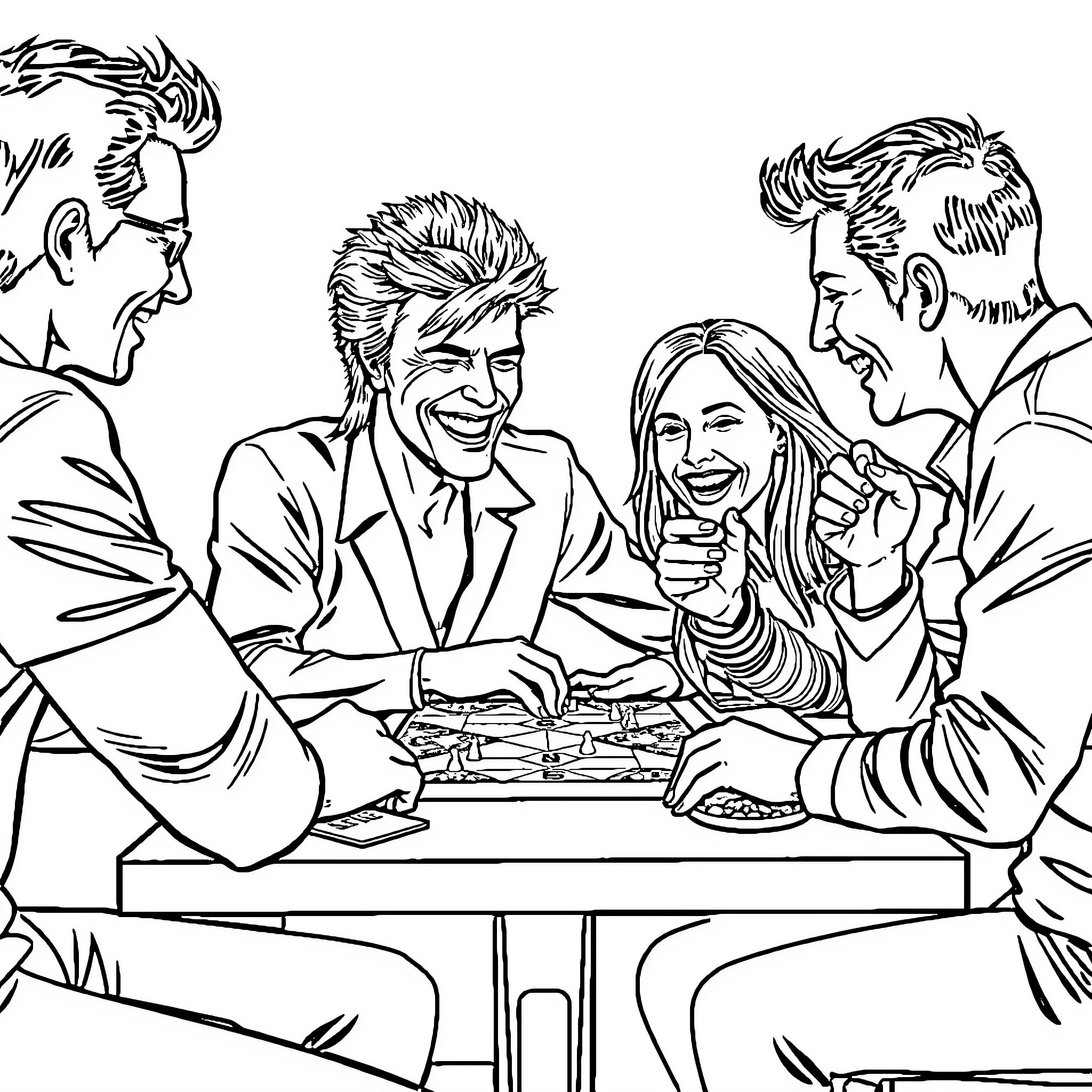 David Bowie interacting with others in a lively scene Coloring Page (free black-and-white line drawing printable PDF for all, from beginners to advanced learners, including children, teens, adults, and seniors)