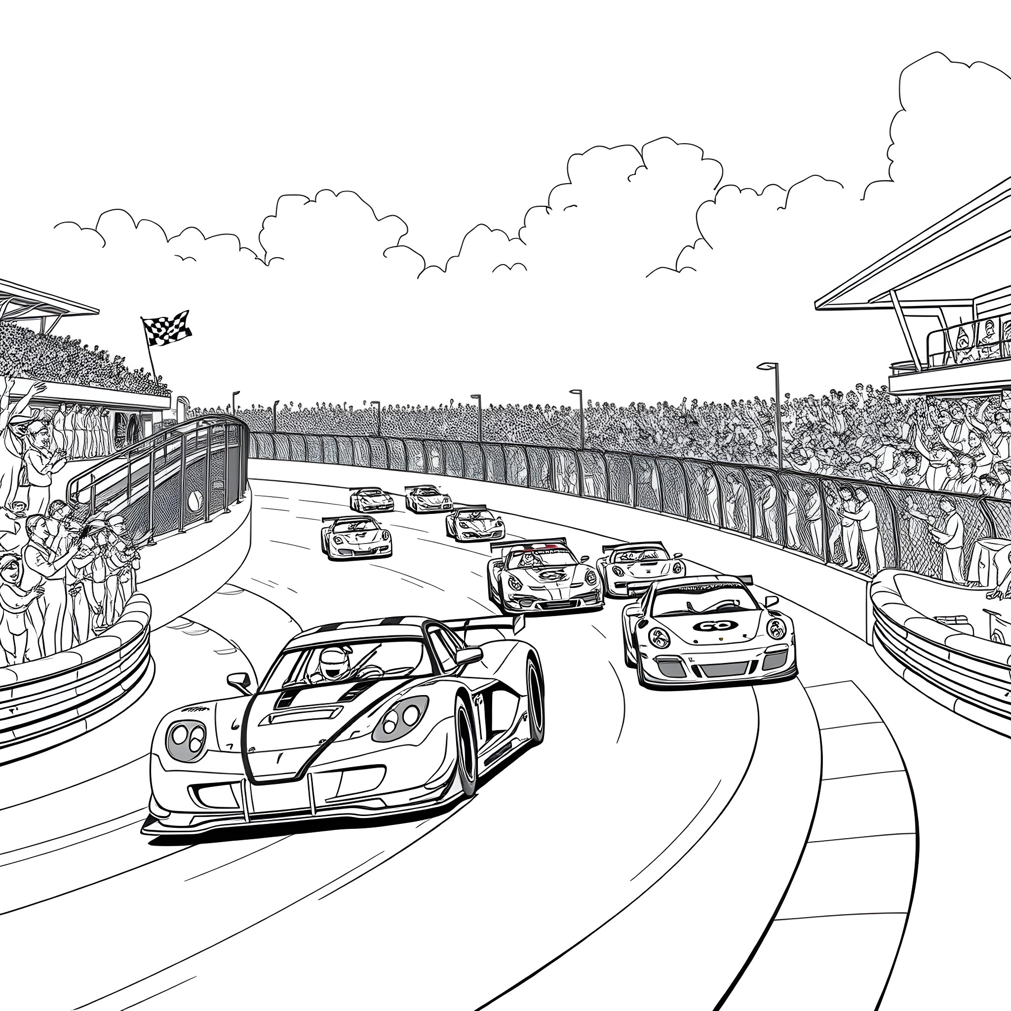Speedway cars racing on the track with spectators Coloring Page (free black-and-white line drawing printable PDF for all, from beginners to advanced learners, including children, teens, adults, and seniors)
