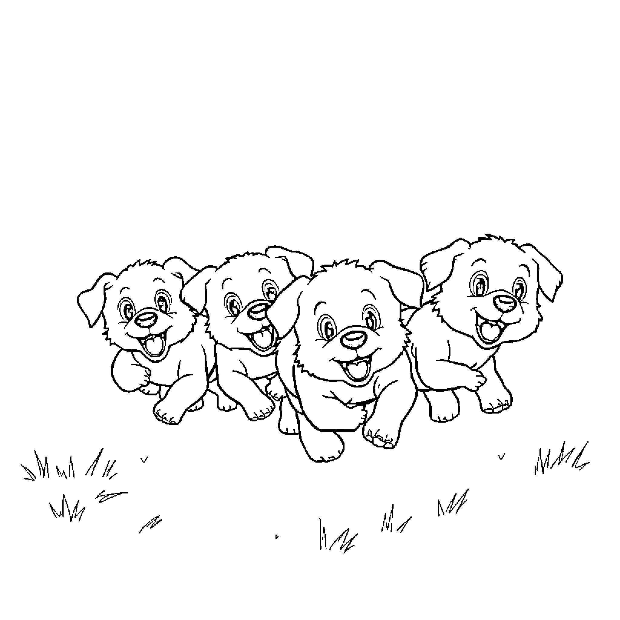 Puppy playful group portrait Coloring Page (free black-and-white line drawing printable PDF for all, from beginners to advanced learners, including children, teens, adults, and seniors)