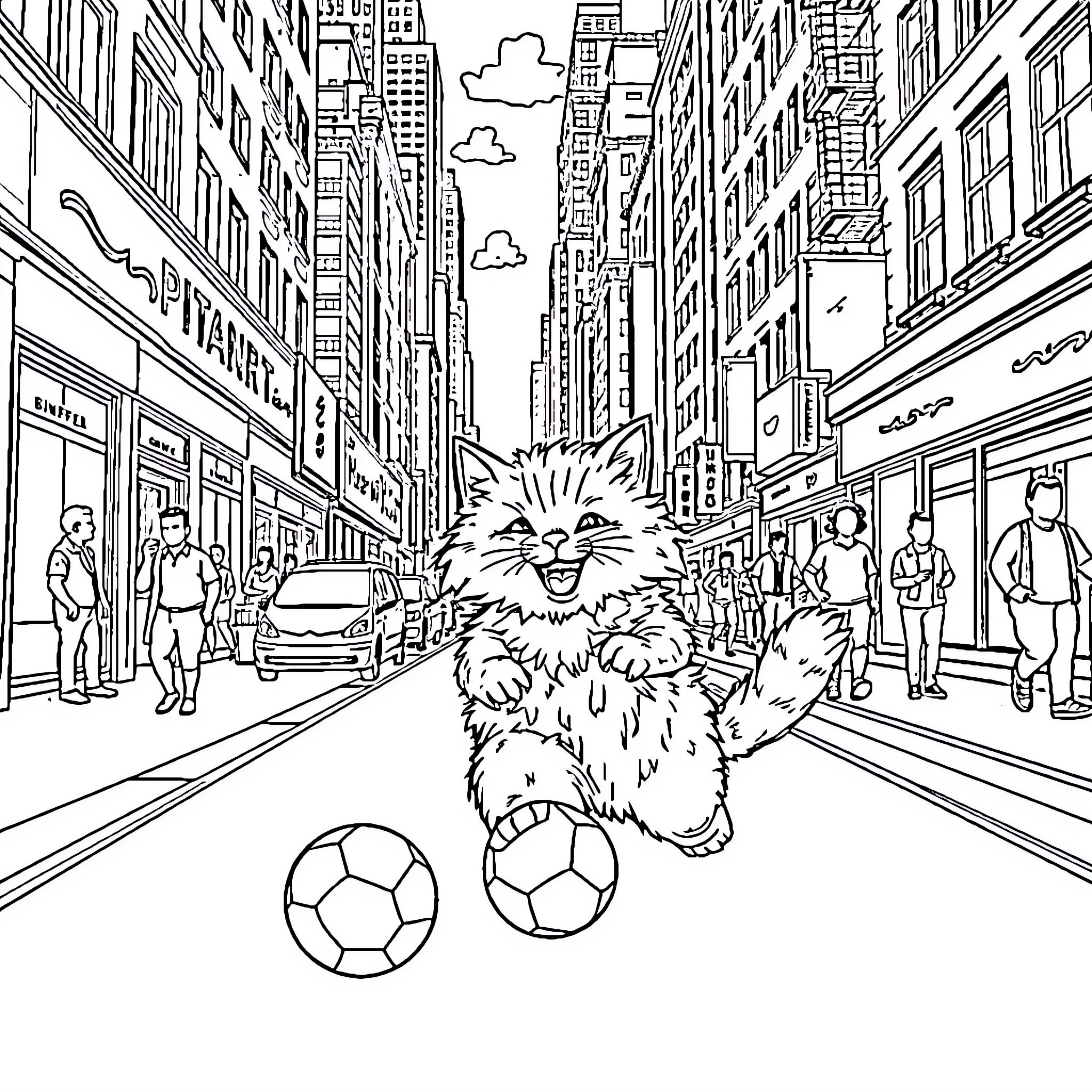 Cat enjoying soccer balls in busy city street Coloring Page (free black-and-white line drawing printable PDF for all, from beginners to advanced learners, including children, teens, adults, and seniors)