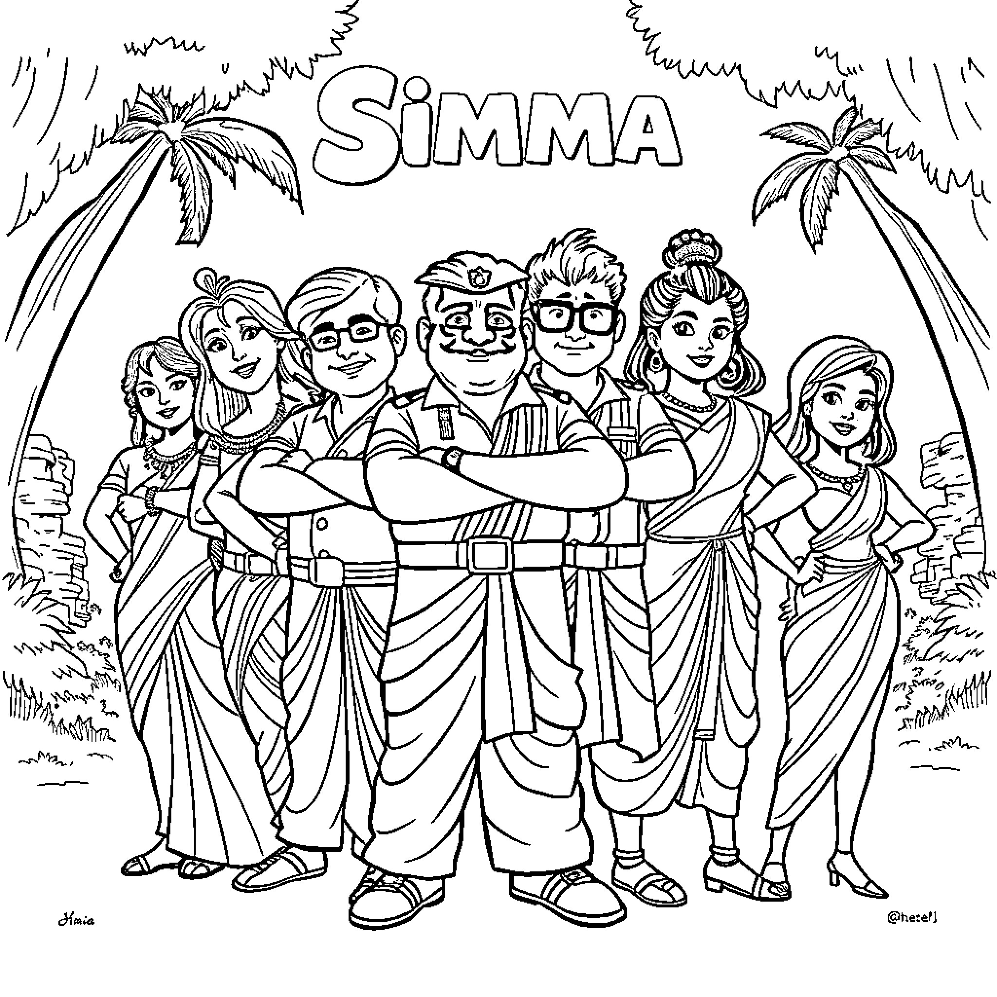 Singham: Family Portrait in Traditional Attire Coloring Page (free black-and-white line drawing printable PDF for all, from beginners to advanced learners, including children, teens, adults, and seniors)