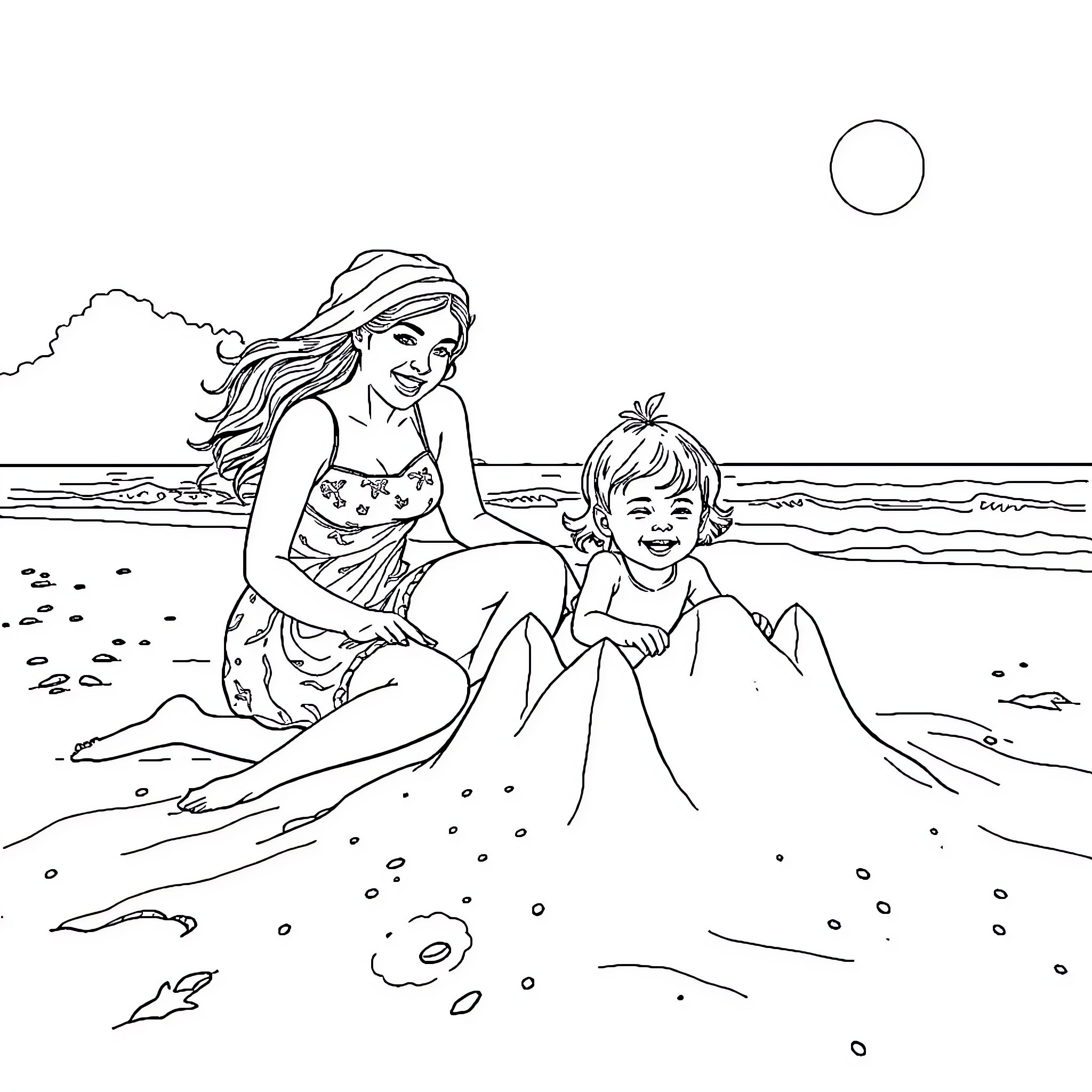 Family enjoying the beach on a sunny day Coloring Page (free black-and-white line drawing printable PDF for all, from beginners to advanced learners, including children, teens, adults, and seniors)
