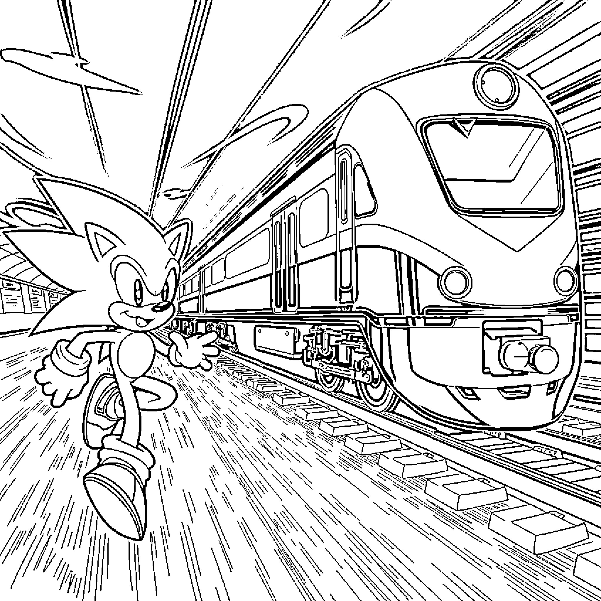 Sonic speeding alongside a high-speed train Coloring Page (free black-and-white line drawing printable PDF for all, from beginners to advanced learners, including children, teens, adults, and seniors)