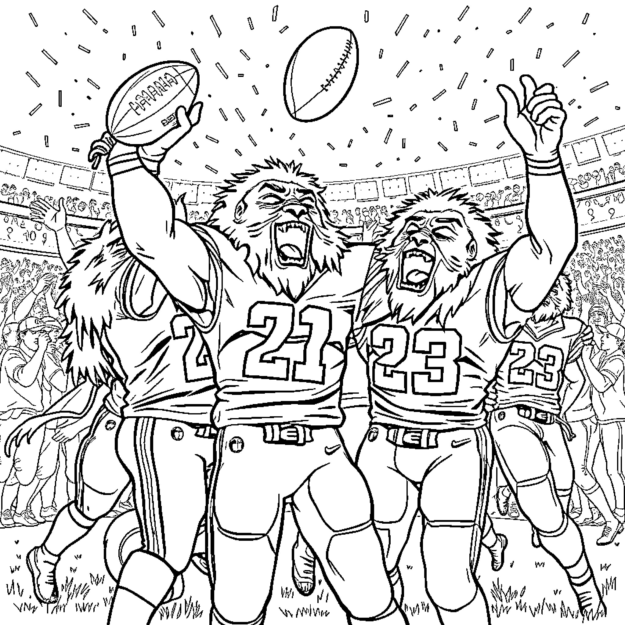 Lion football players celebrating in stadium Coloring Page (free black-and-white line drawing printable PDF for all, from beginners to advanced learners, including children, teens, adults, and seniors)