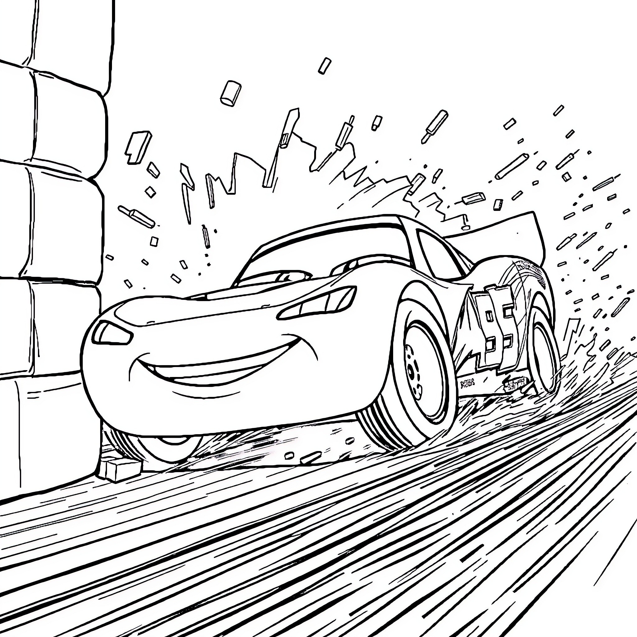 Lightning McQueen racing through the track Coloring Page (free black-and-white line drawing printable PDF for all, from beginners to advanced learners, including children, teens, adults, and seniors)