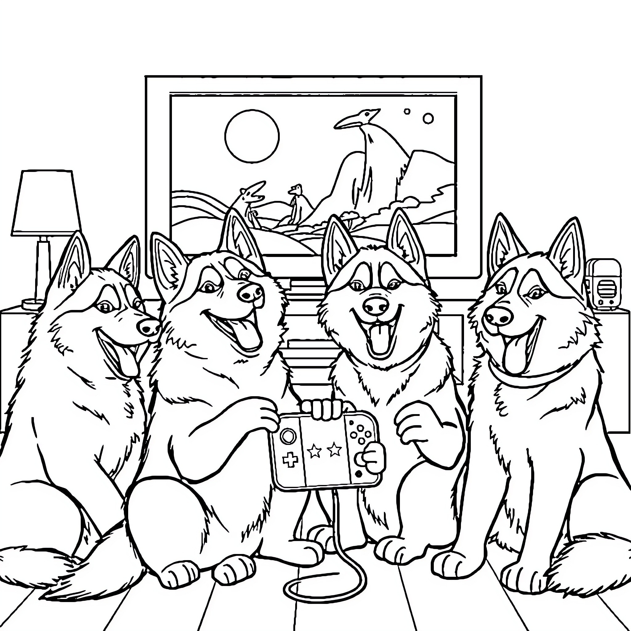 Huskies playing video game together Coloring Page (free black-and-white line drawing printable PDF for all, from beginners to advanced learners, including children, teens, adults, and seniors)