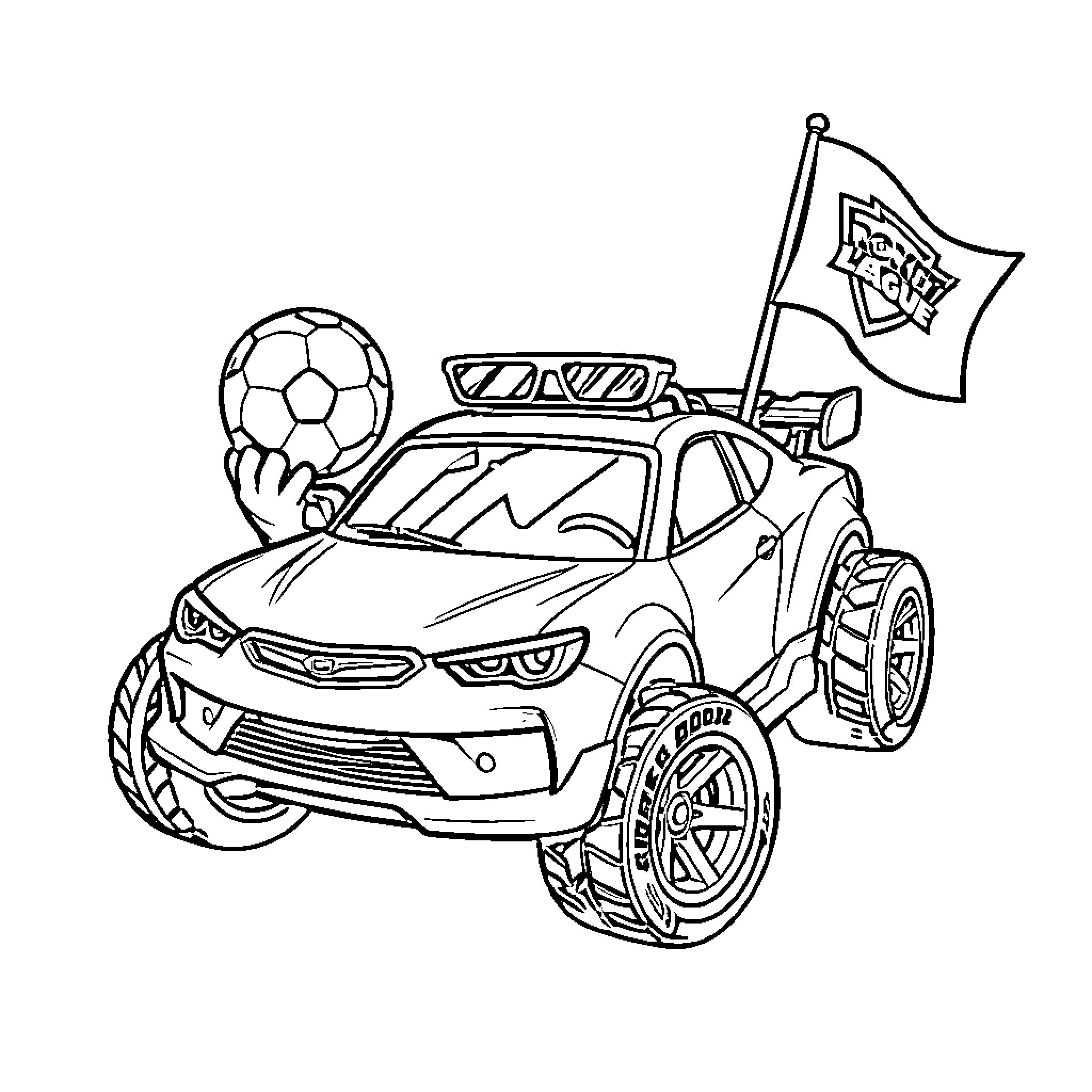 Car celebrating a victory with a soccer ball Coloring Page (free black-and-white line drawing printable PDF for all, from beginners to advanced learners, including children, teens, adults, and seniors)