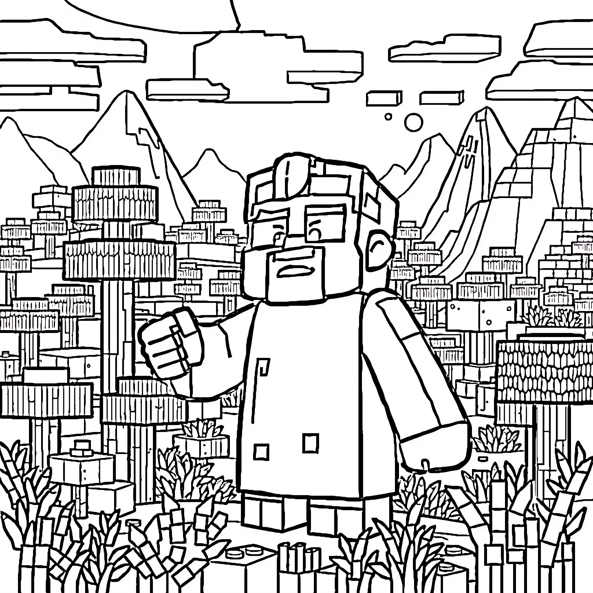 Tung Exploring the Vibrant Cityscape Coloring Page (free black-and-white line drawing printable PDF for all, from beginners to advanced learners, including children, teens, adults, and seniors)