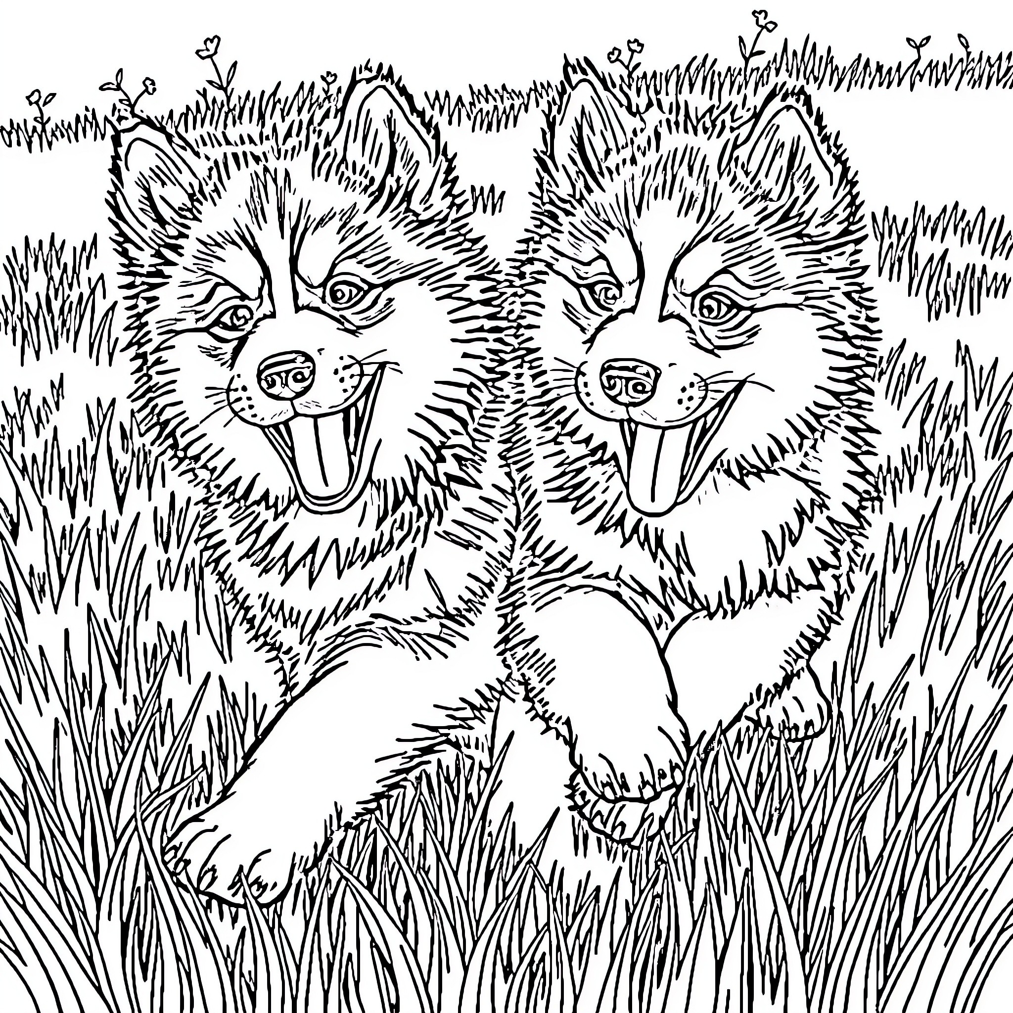 Malamute pups frolicking in the tall grass Coloring Page (free black-and-white line drawing printable PDF for all, from beginners to advanced learners, including children, teens, adults, and seniors)
