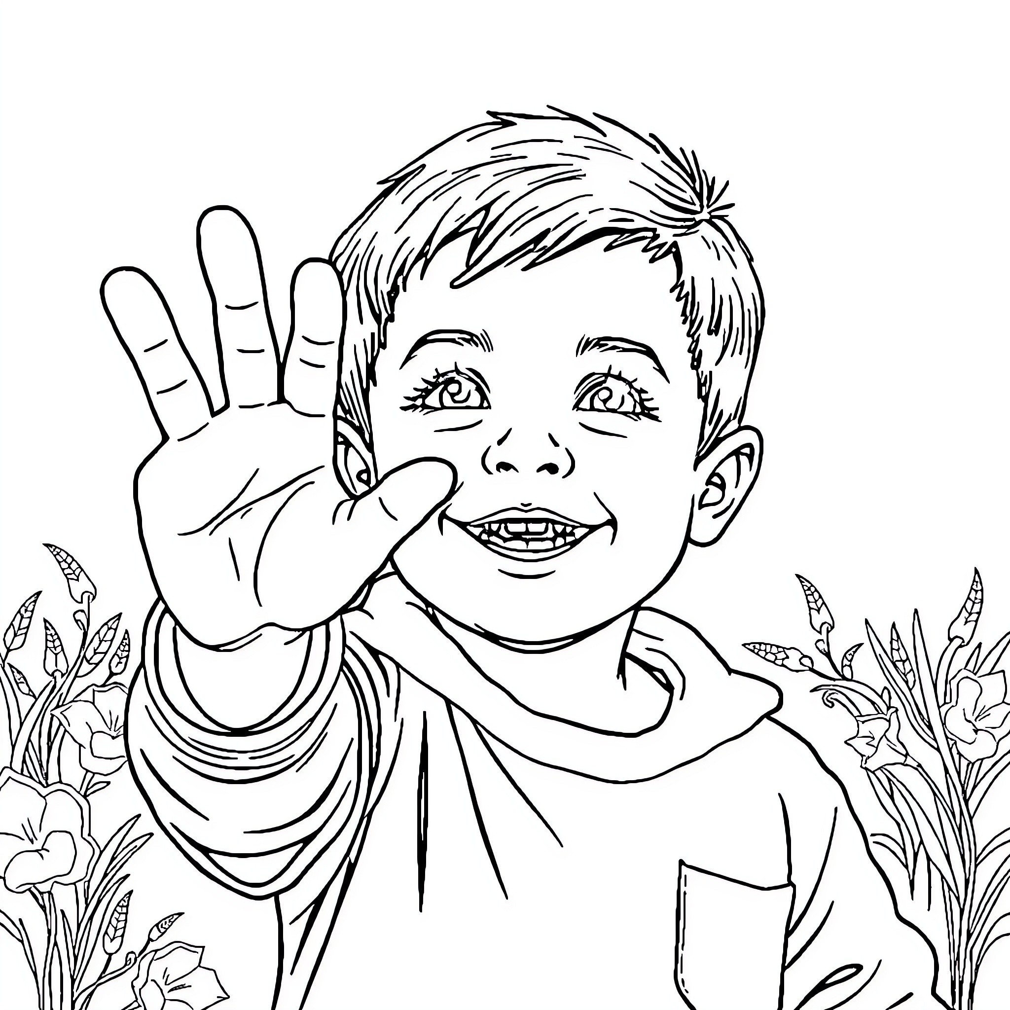 Niño making a playful gesture in nature Coloring Page (free black-and-white line drawing printable PDF for all, from beginners to advanced learners, including children, teens, adults, and seniors)