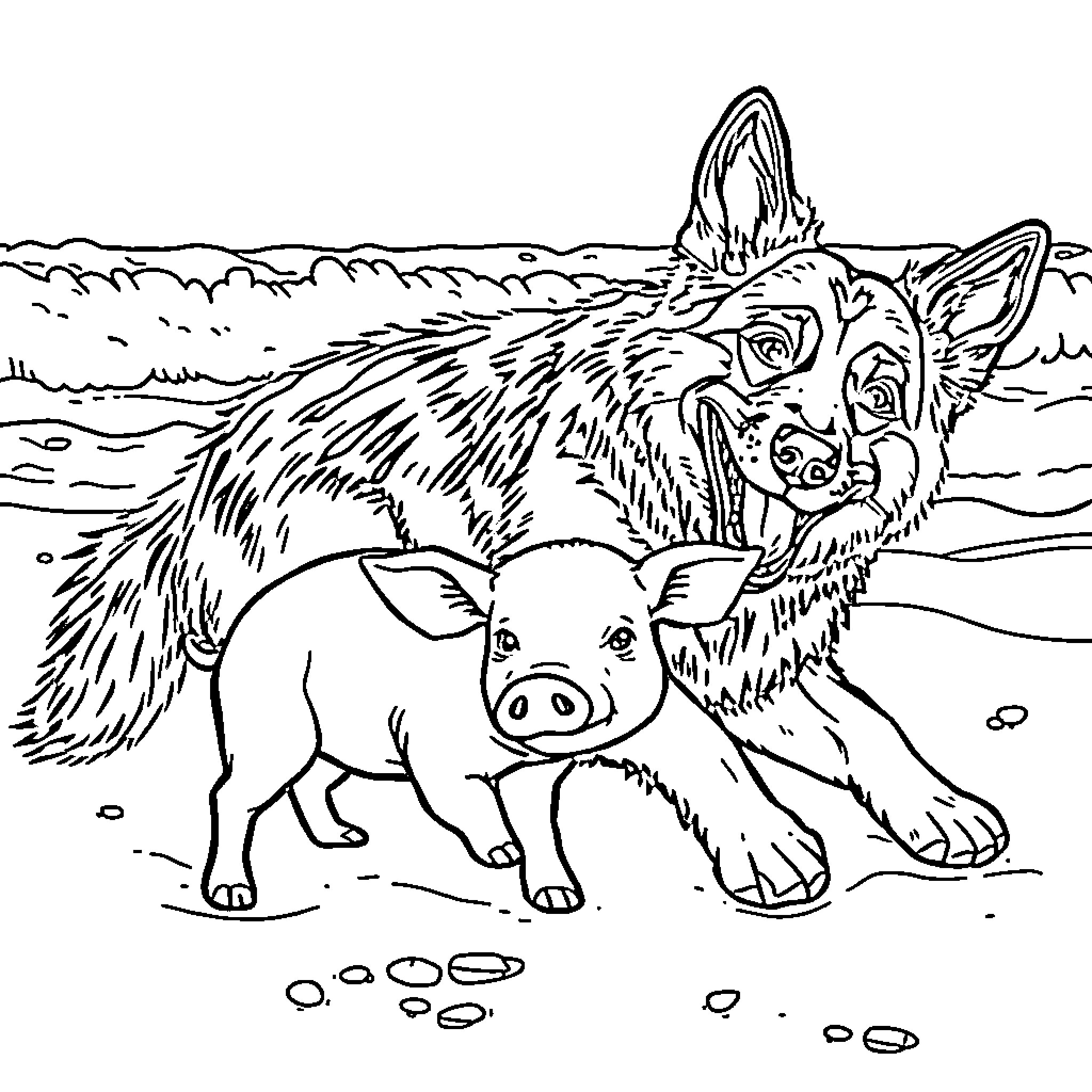 German Shepherd guiding a baby pig through the wilderness Coloring Page (free black-and-white line drawing printable PDF for all, from beginners to advanced learners, including children, teens, adults, and seniors)