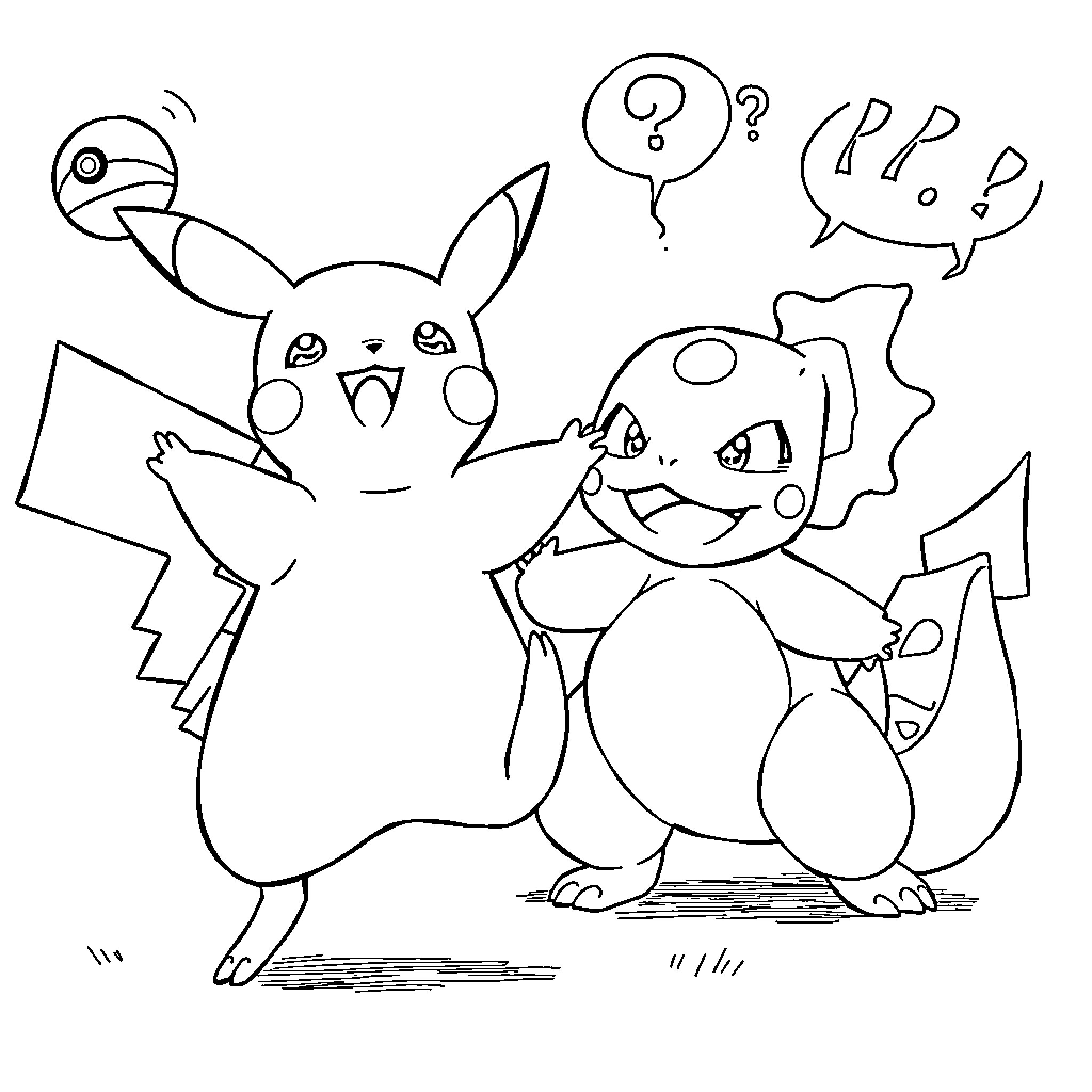 Pikachu and Charmander characters in animated expressions Coloring Page (free black-and-white line drawing printable PDF for all, from beginners to advanced learners, including children, teens, adults, and seniors)