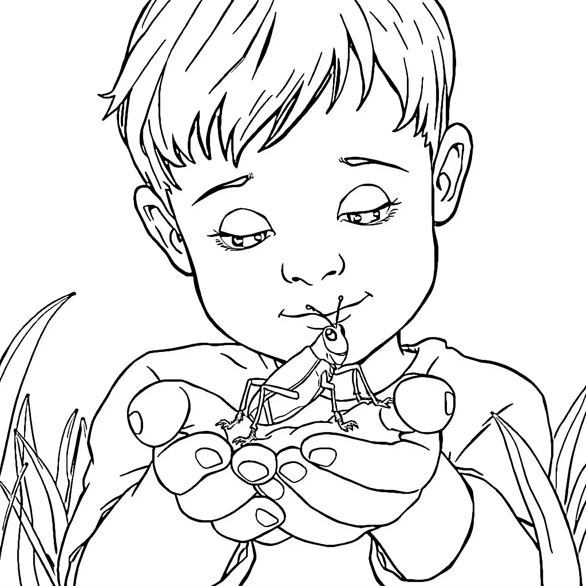 Boy playing with insects in grass Coloring Page (free black-and-white line drawing printable PDF for all, from beginners to advanced learners, including children, teens, adults, and seniors)