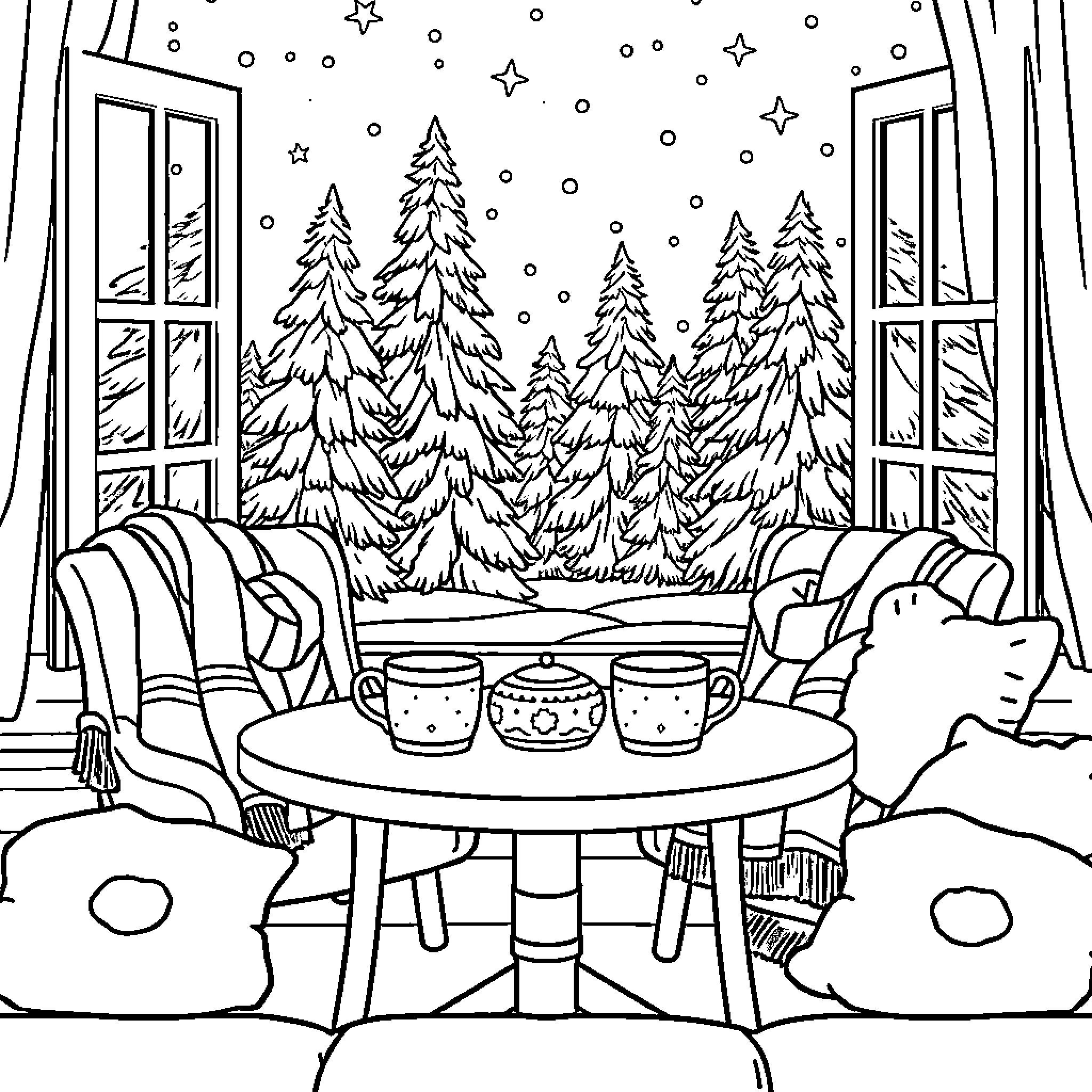 Winter Wonderland: Cozy Indoor Scene Coloring Page (free black-and-white line drawing printable PDF for all, from beginners to advanced learners, including children, teens, adults, and seniors)