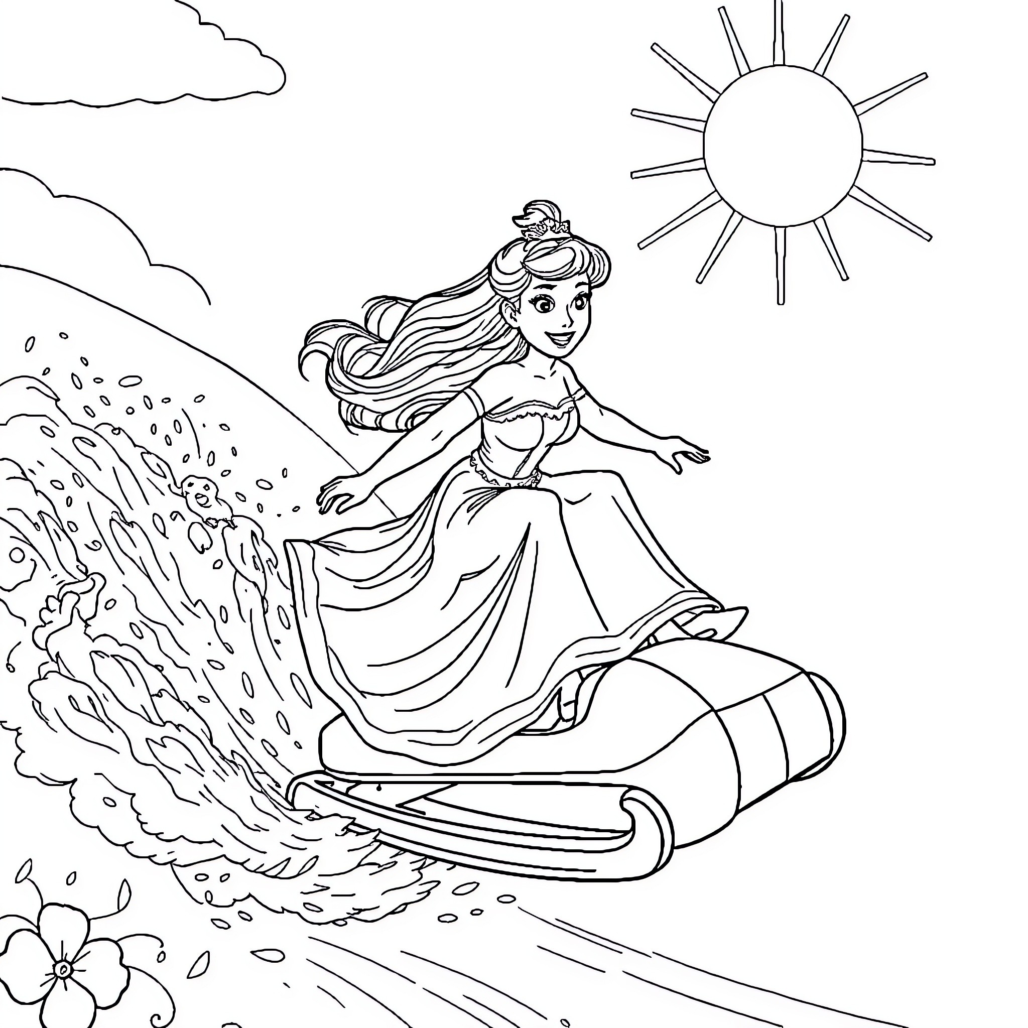 Princess riding a magical sleigh through winter wonderland Coloring Page (free black-and-white line drawing printable PDF for all, from beginners to advanced learners, including children, teens, adults, and seniors)