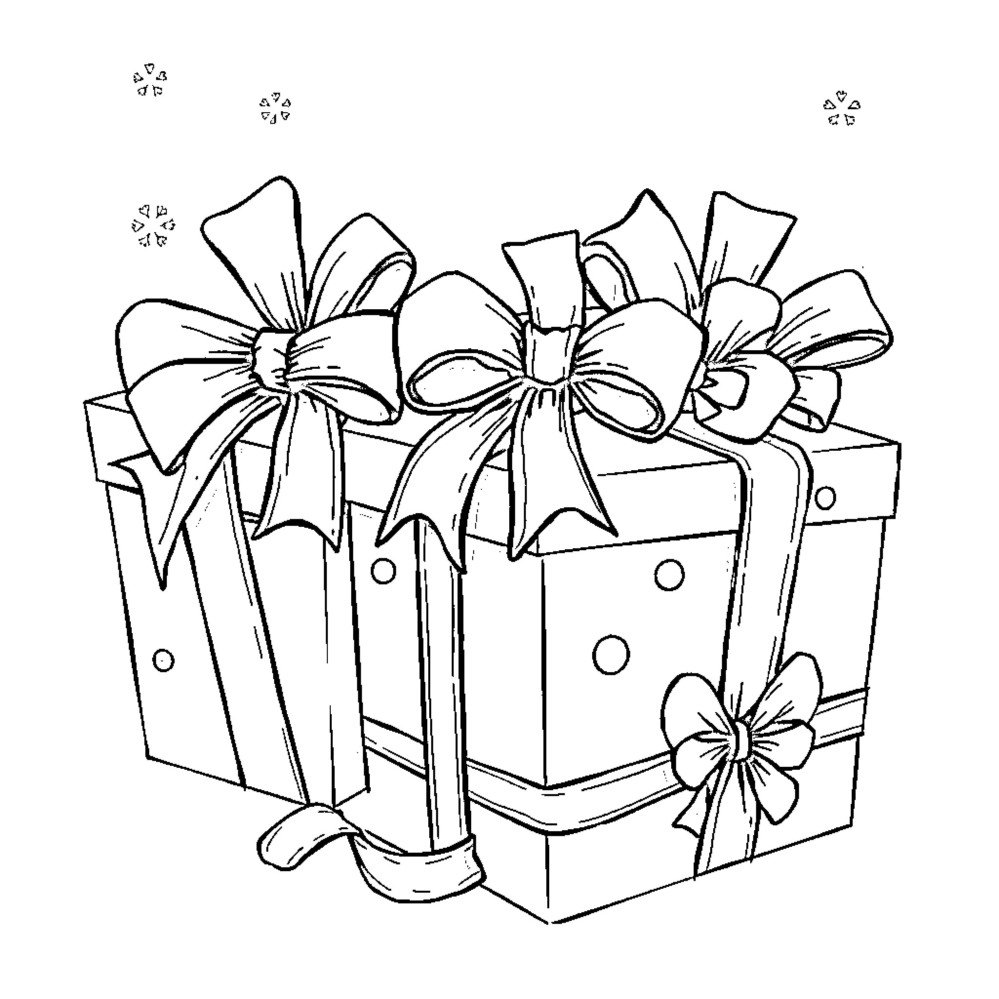 Bow-wrapped gifts in festive arrangement Coloring Page (free black-and-white line drawing printable PDF for all, from beginners to advanced learners, including children, teens, adults, and seniors)