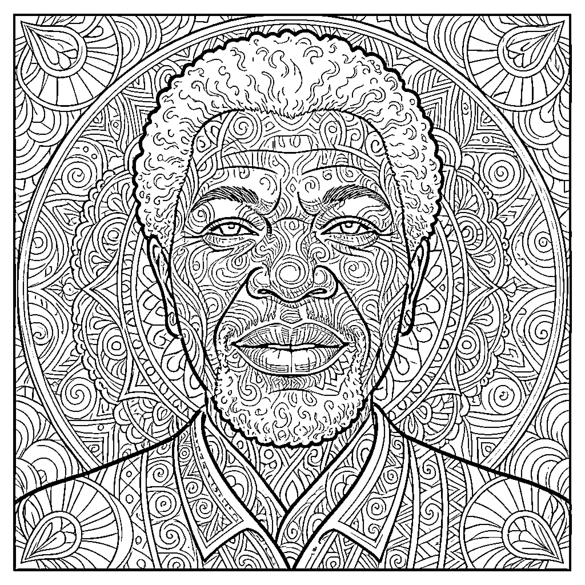 Mandala of an Expressive Portrait Coloring Page (free black-and-white line drawing printable PDF for all, from beginners to advanced learners, including children, teens, adults, and seniors)