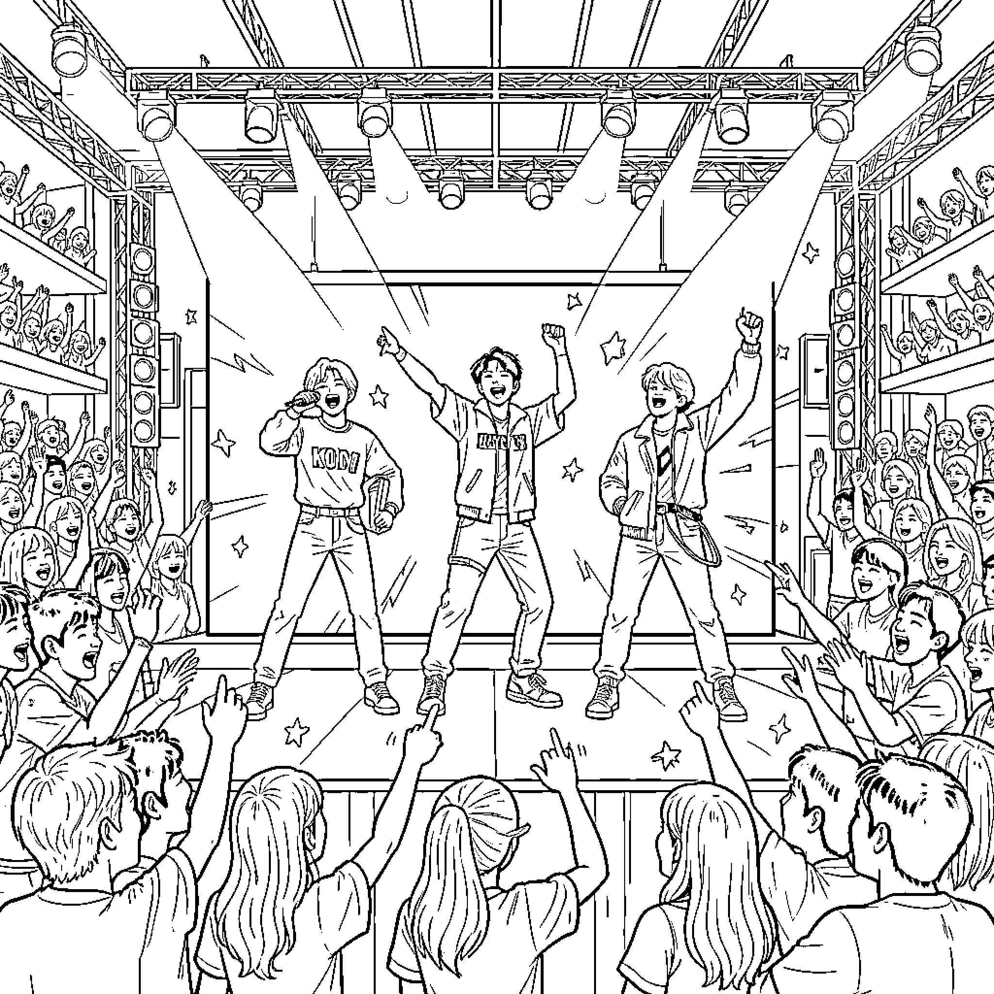 K Pop idols performing energetically on stage for fans Coloring Page (free black-and-white line drawing printable PDF for all, from beginners to advanced learners, including children, teens, adults, and seniors)
