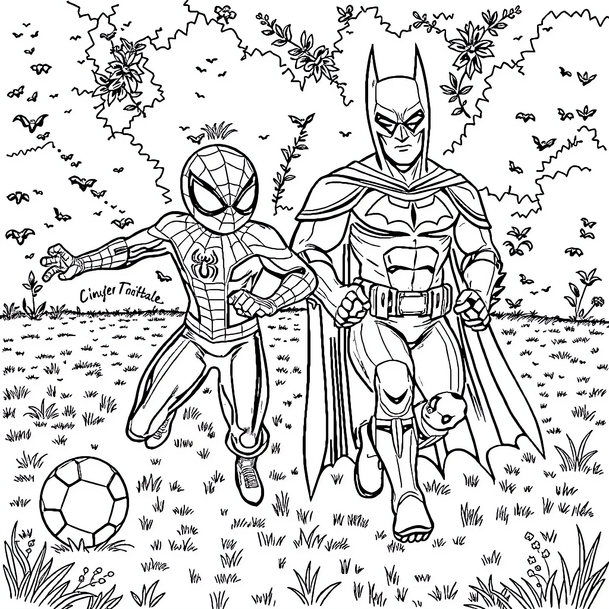 Spiderman and Batman exploring a nature scene Coloring Page (free black-and-white line drawing printable PDF for all, from beginners to advanced learners, including children, teens, adults, and seniors)