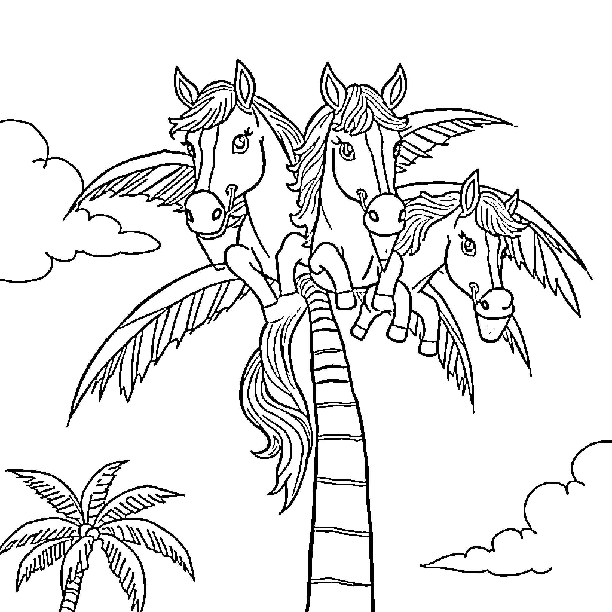 Horse winged friends playing on ladder in the clouds Coloring Page (free black-and-white line drawing printable PDF for all, from beginners to advanced learners, including children, teens, adults, and seniors)