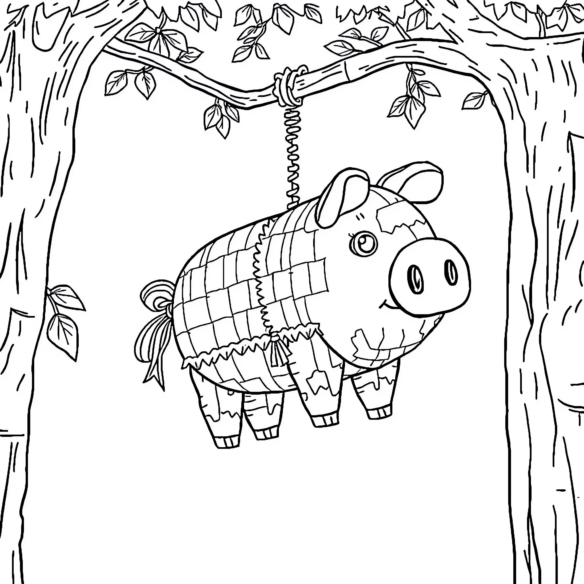 Pig swinging from tree branch in forest Coloring Page (free black-and-white line drawing printable PDF for all, from beginners to advanced learners, including children, teens, adults, and seniors)