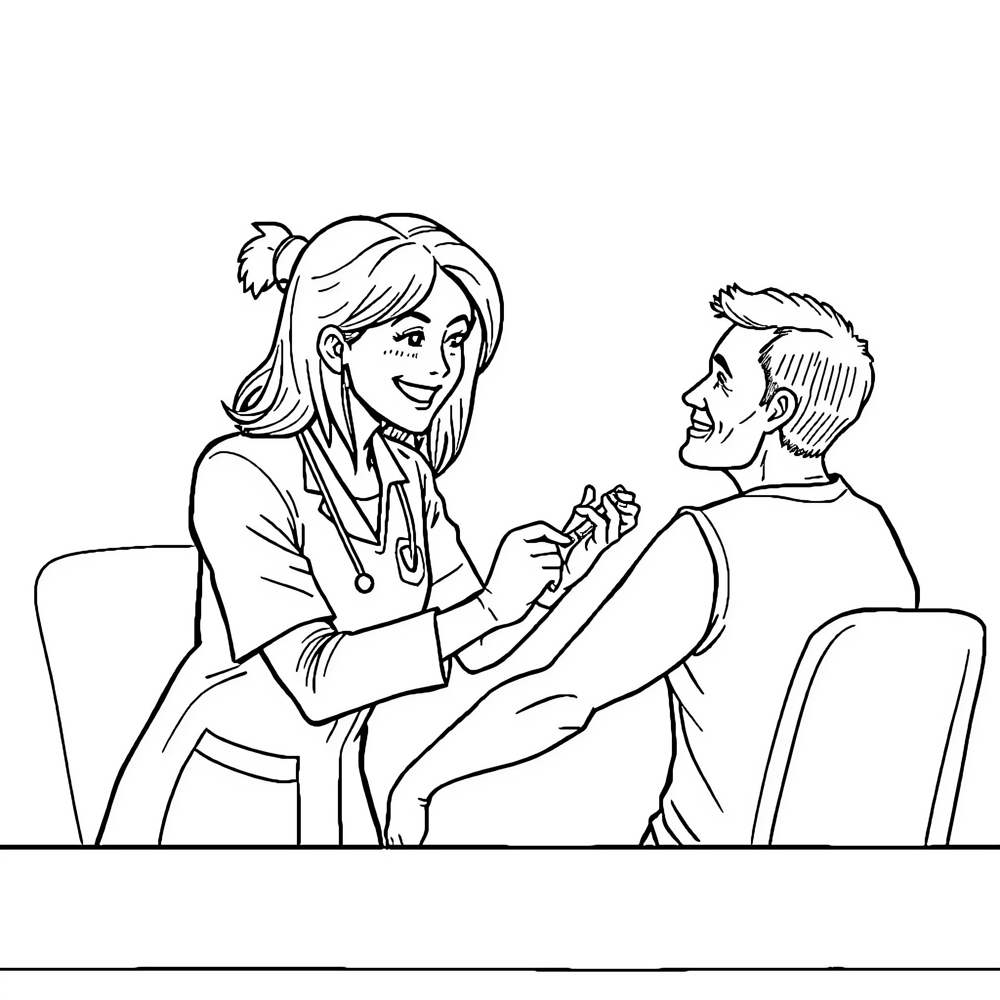 Nurse Examining and Assisting Patient Coloring Page (free black-and-white line drawing printable PDF for all, from beginners to advanced learners, including children, teens, adults, and seniors)