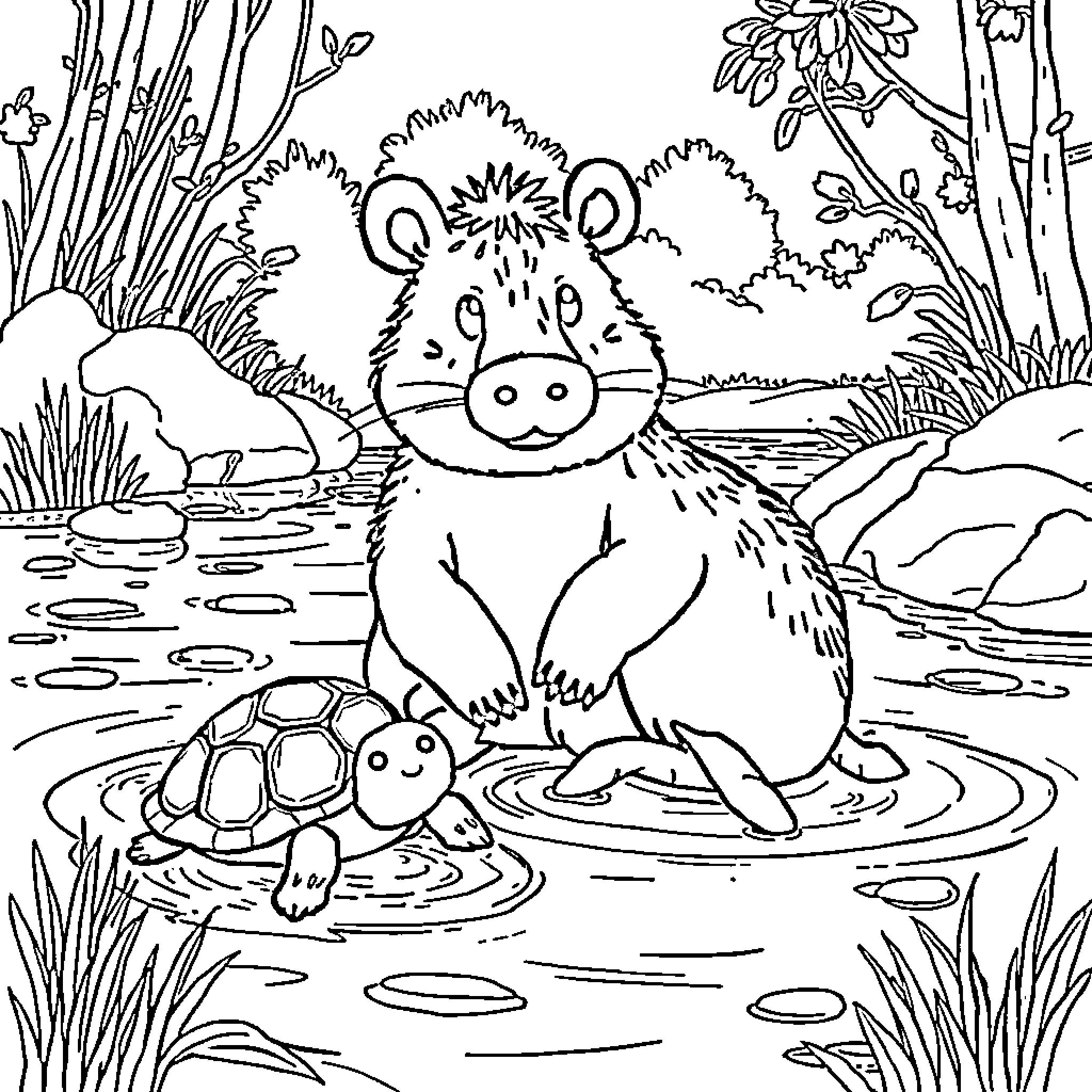 Capybara enjoying a day by the pond Coloring Page (free black-and-white line drawing printable PDF for all, from beginners to advanced learners, including children, teens, adults, and seniors)