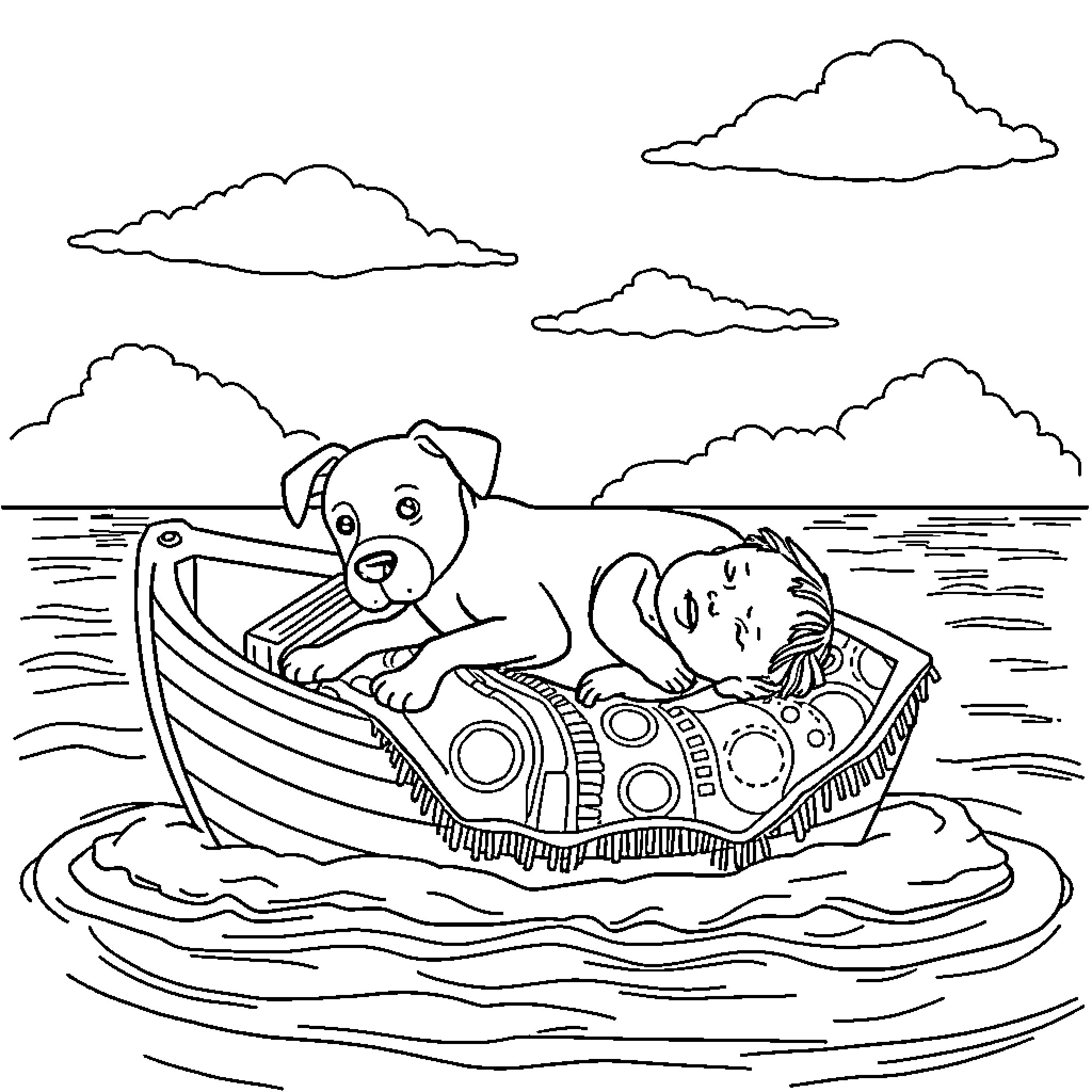 Dog relaxing on a boat in a serene landscape Coloring Page (free black-and-white line drawing printable PDF for all, from beginners to advanced learners, including children, teens, adults, and seniors)