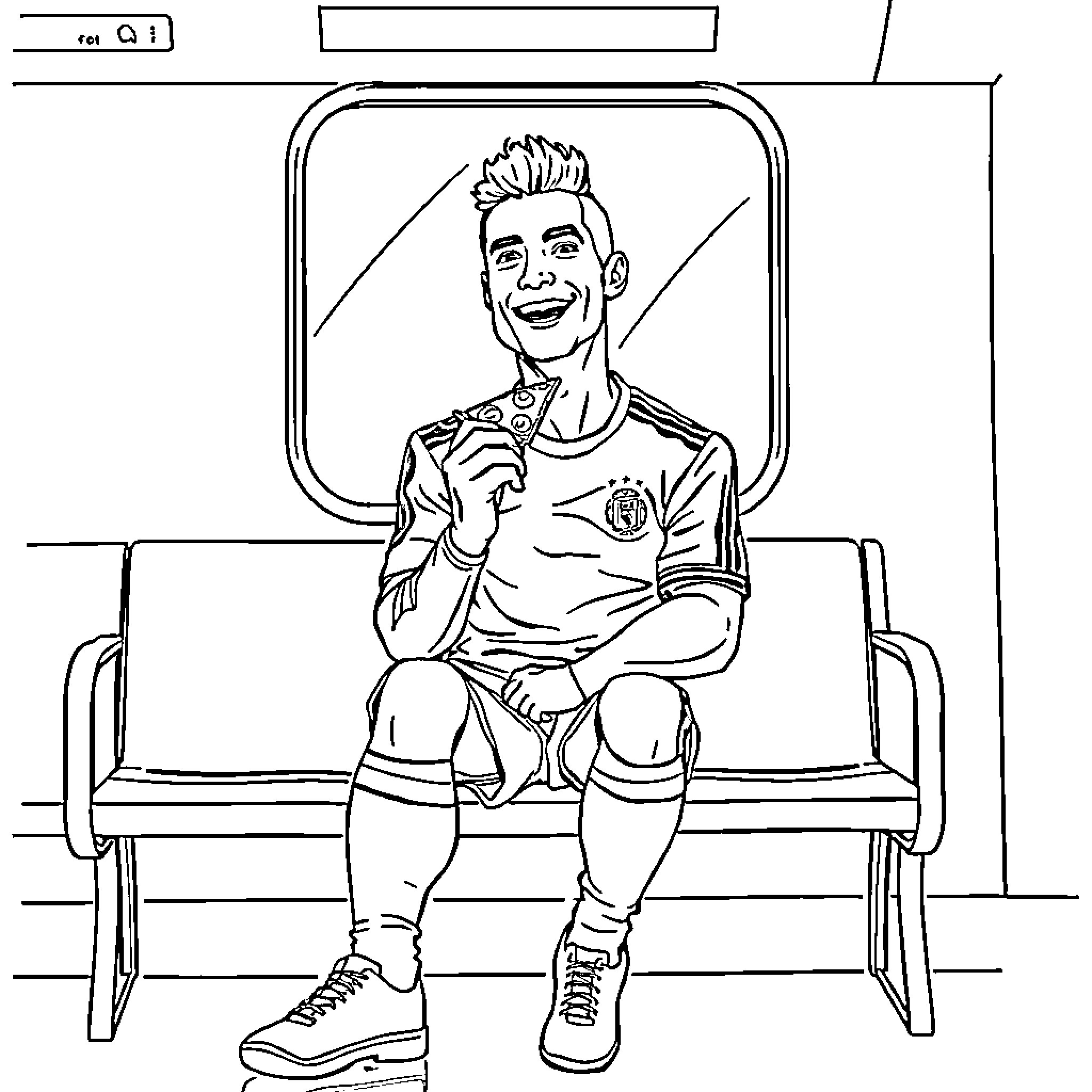 Ronaldo smiling and posing on bench Coloring Page (free black-and-white line drawing printable PDF for all, from beginners to advanced learners, including children, teens, adults, and seniors)