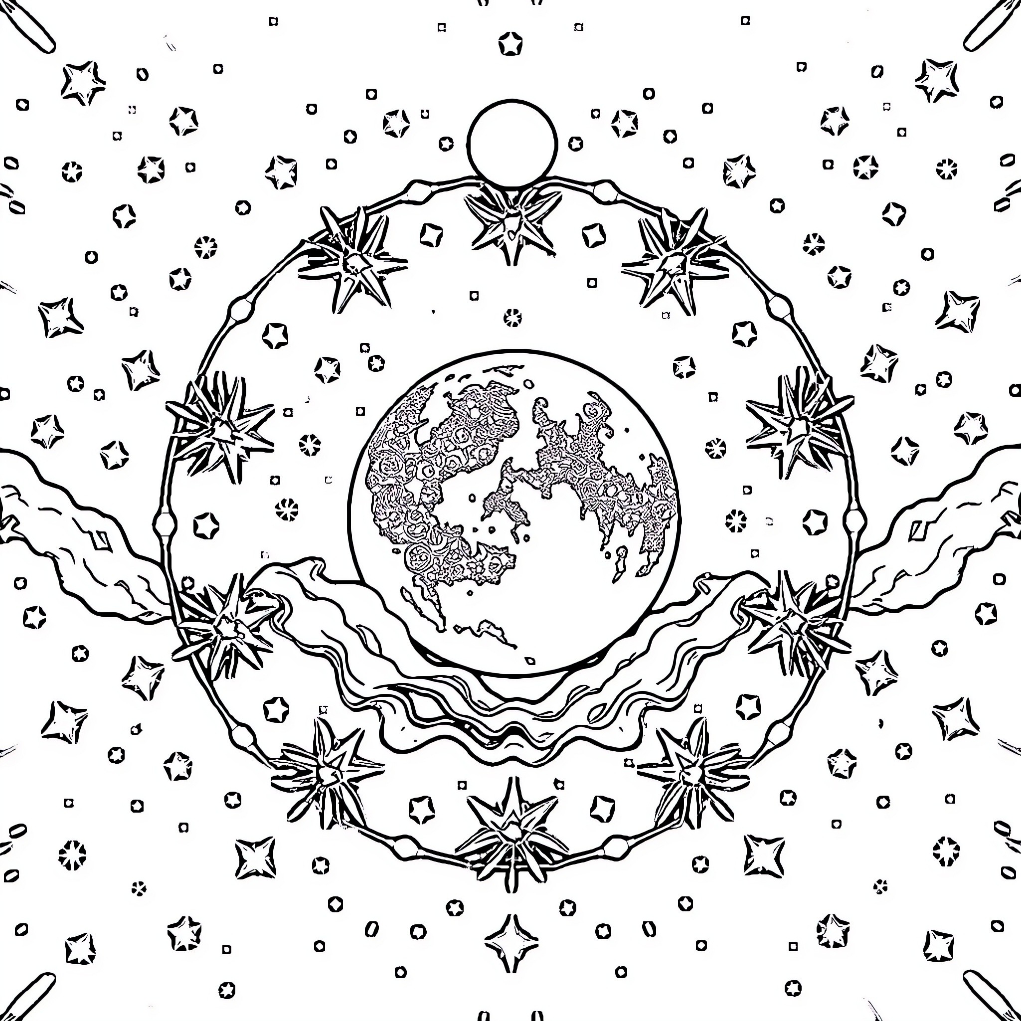 Moon Night with Celestial Decorations Coloring Page (free black-and-white line drawing printable PDF for all, from beginners to advanced learners, including children, teens, adults, and seniors)