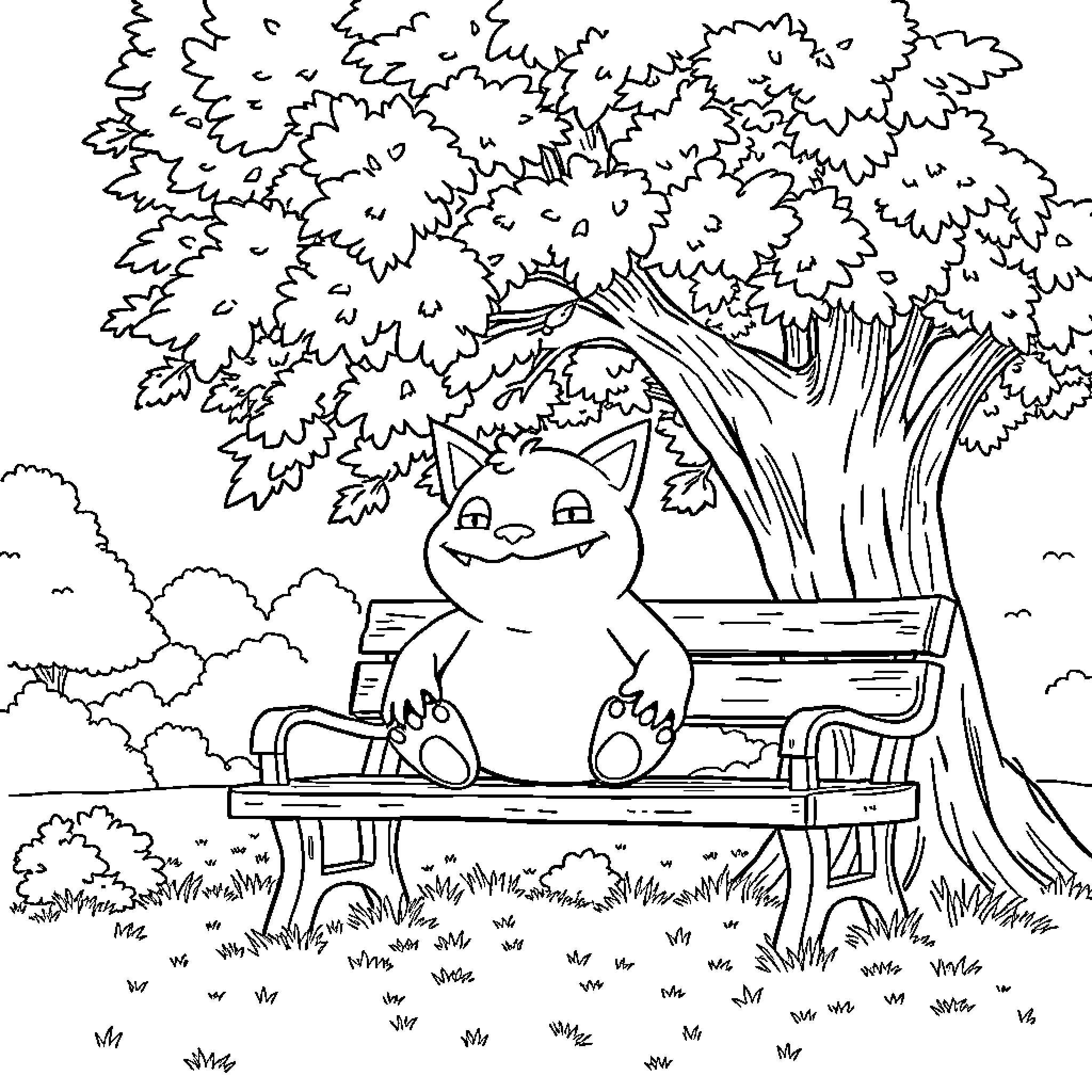 Gengar resting on a park bench under a tree Coloring Page (free black-and-white line drawing printable PDF for all, from beginners to advanced learners, including children, teens, adults, and seniors)