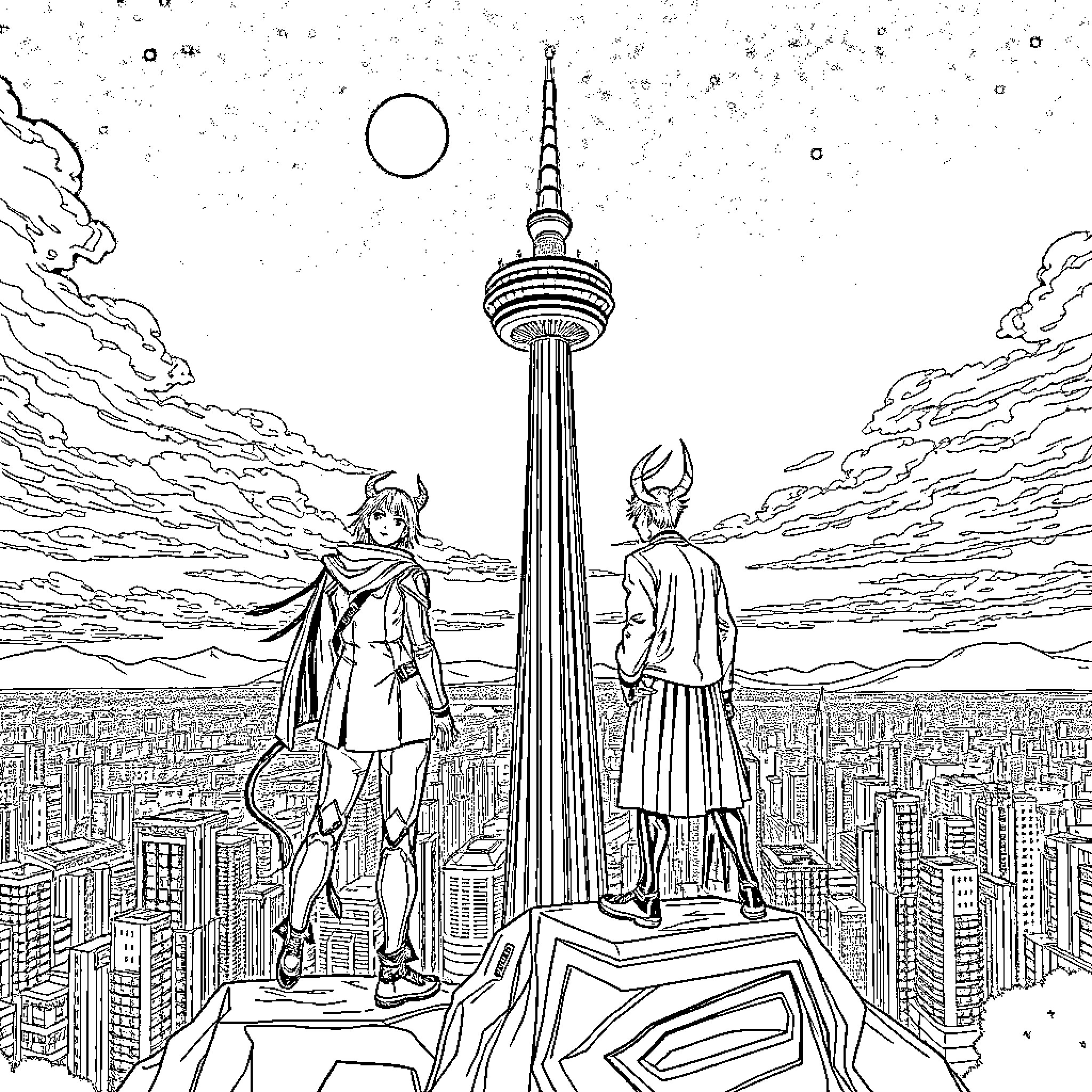 Demon Hunter stands victorious over the city Coloring Page (free black-and-white line drawing printable PDF for all, from beginners to advanced learners, including children, teens, adults, and seniors)