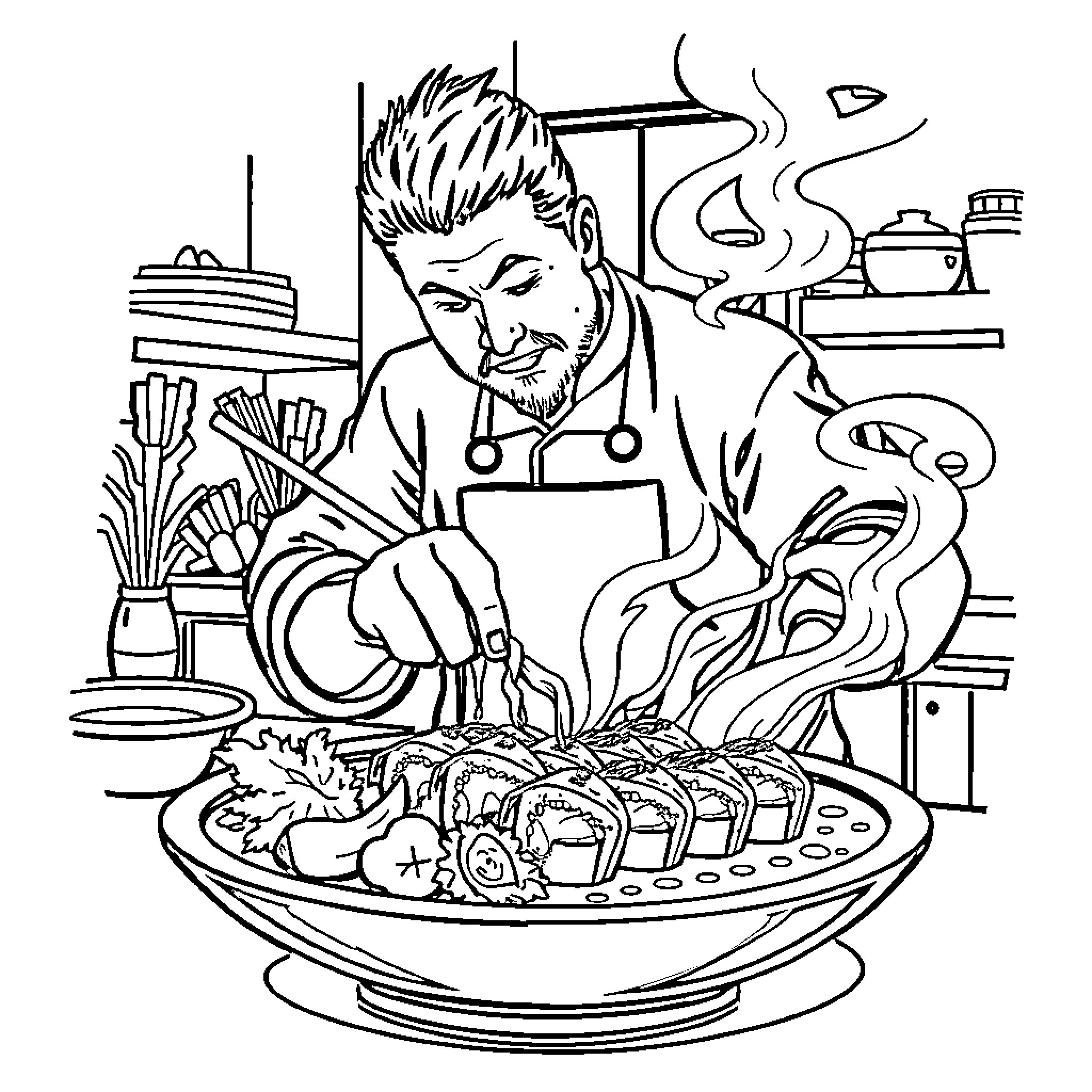 Sushi Chef Preparing Delightful Meal Coloring Page (free black-and-white line drawing printable PDF for all, from beginners to advanced learners, including children, teens, adults, and seniors)