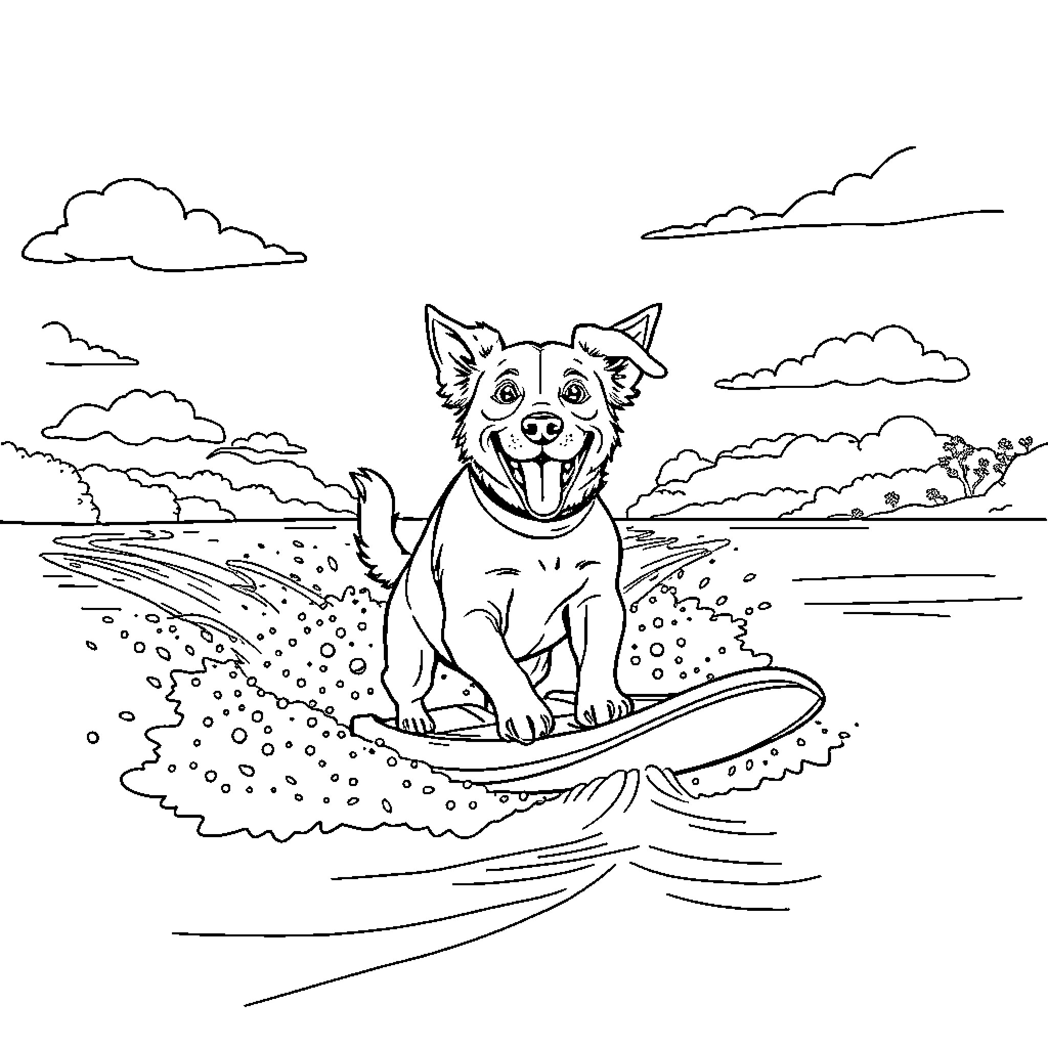 Dog surfing happily in the ocean Coloring Page (free black-and-white line drawing printable PDF for all, from beginners to advanced learners, including children, teens, adults, and seniors)