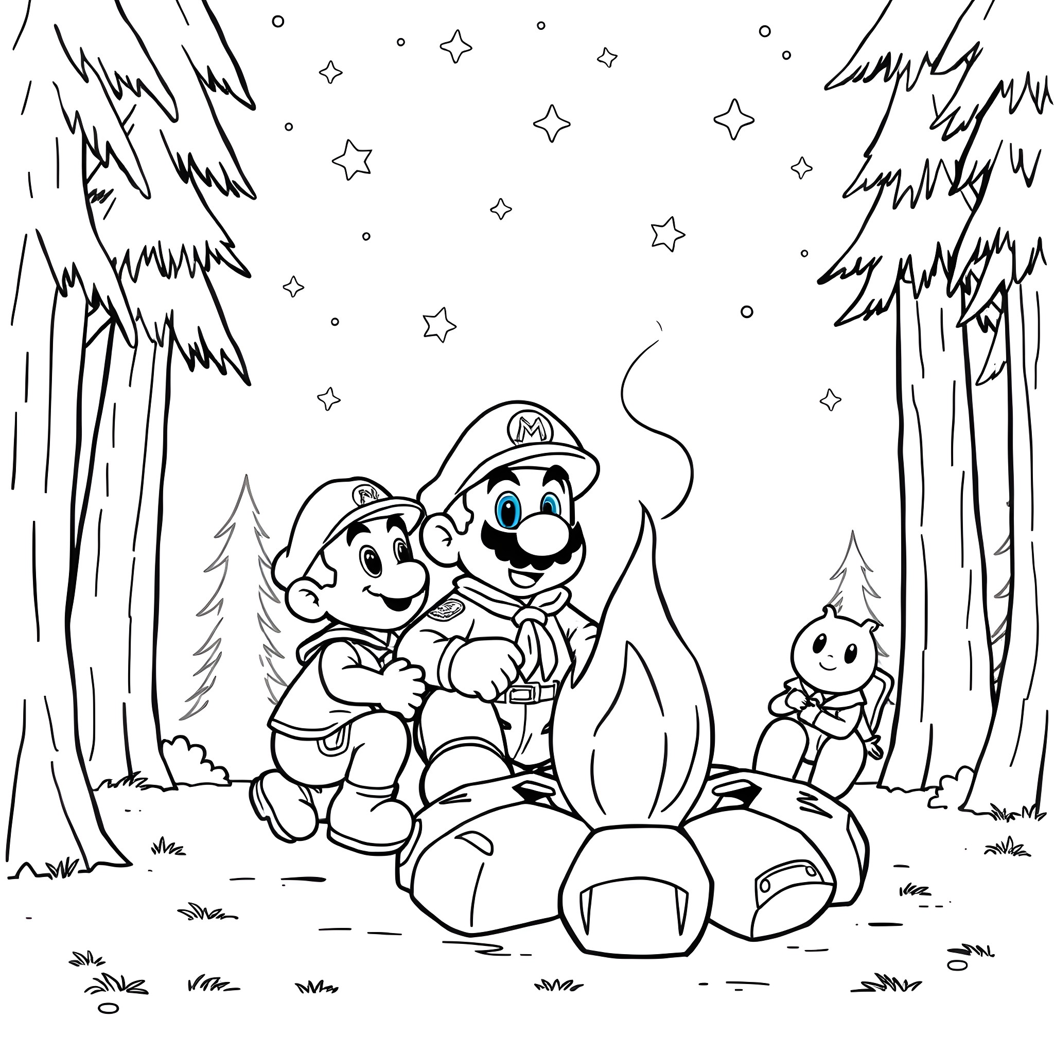 Mario and Luigi adventuring in the snowy forest Coloring Page (free black-and-white line drawing printable PDF for all, from beginners to advanced learners, including children, teens, adults, and seniors)