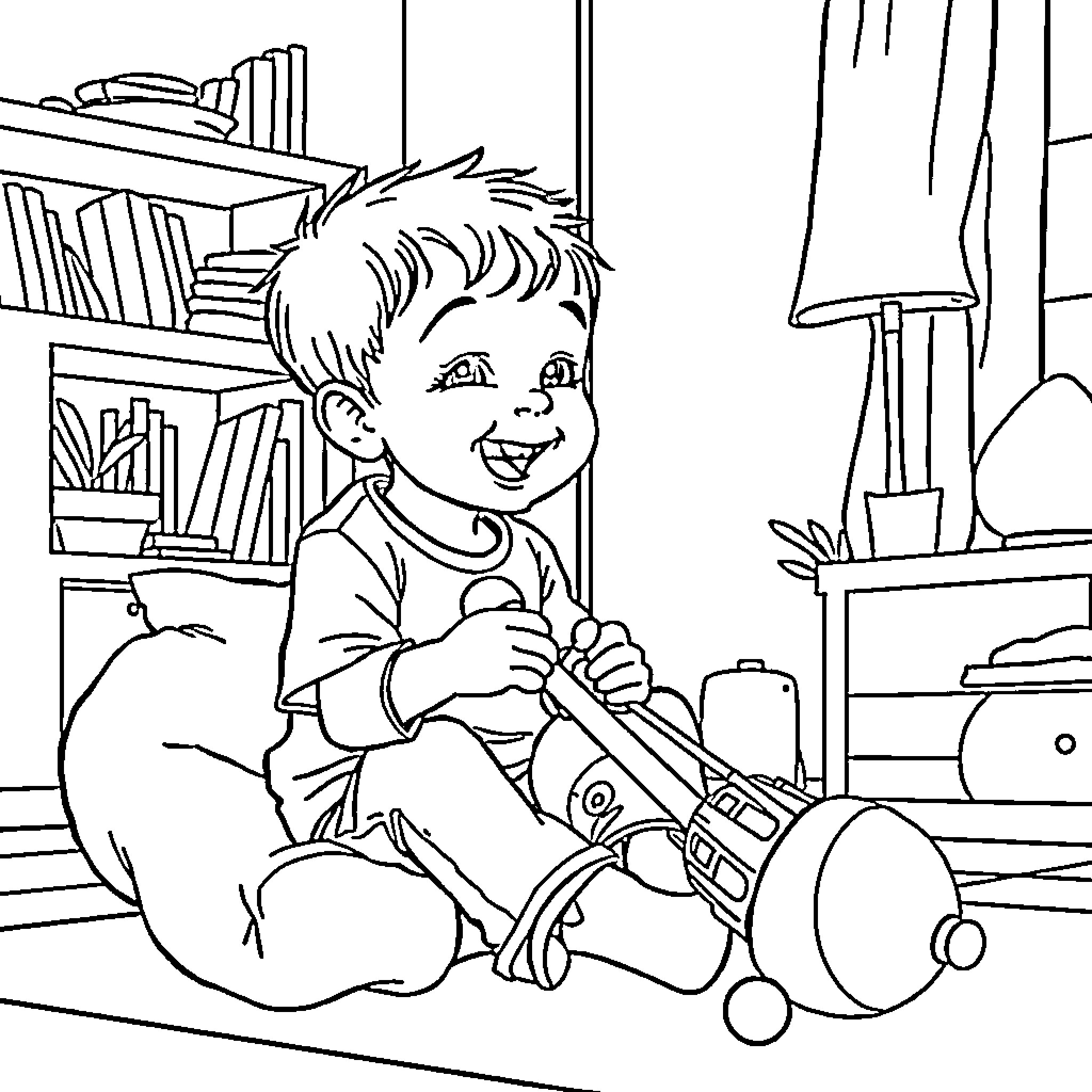 Boy playing with toys in his room Coloring Page (free black-and-white line drawing printable PDF for all, from beginners to advanced learners, including children, teens, adults, and seniors)