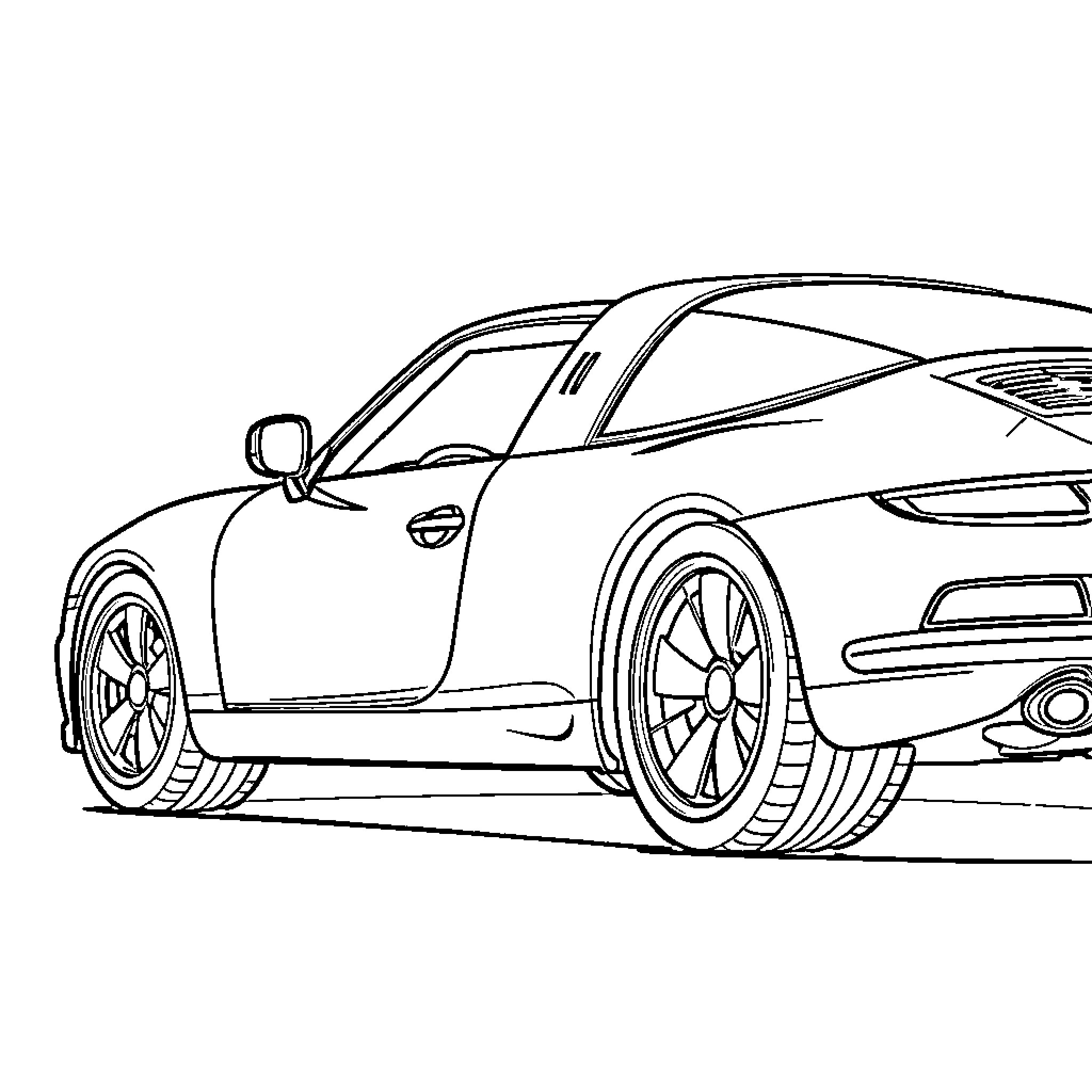 Porsche 911 sports car in motion Coloring Page (free black-and-white line drawing printable PDF for all, from beginners to advanced learners, including children, teens, adults, and seniors)