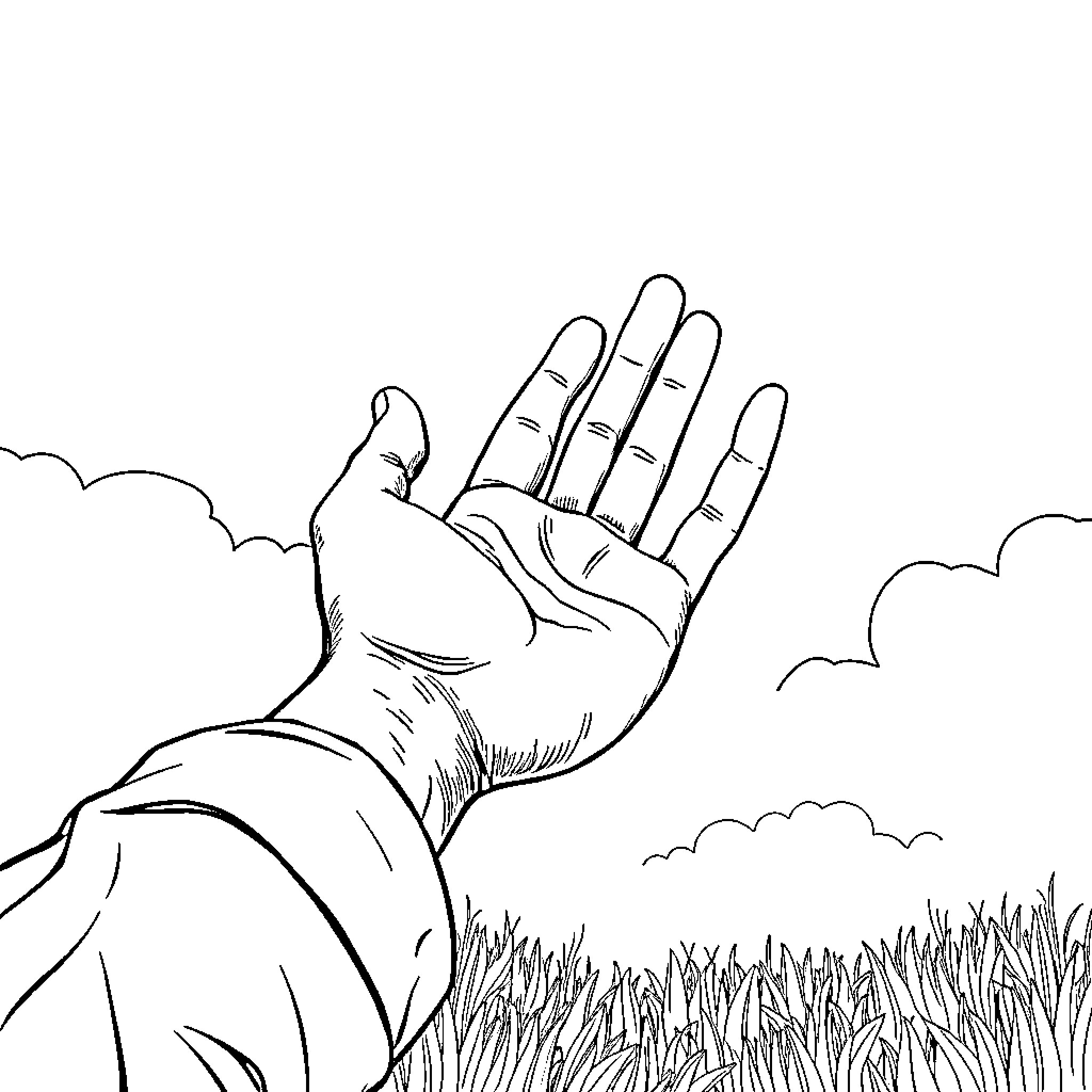 Hand reaching out in a grassy field Coloring Page (free black-and-white line drawing printable PDF for all, from beginners to advanced learners, including children, teens, adults, and seniors)