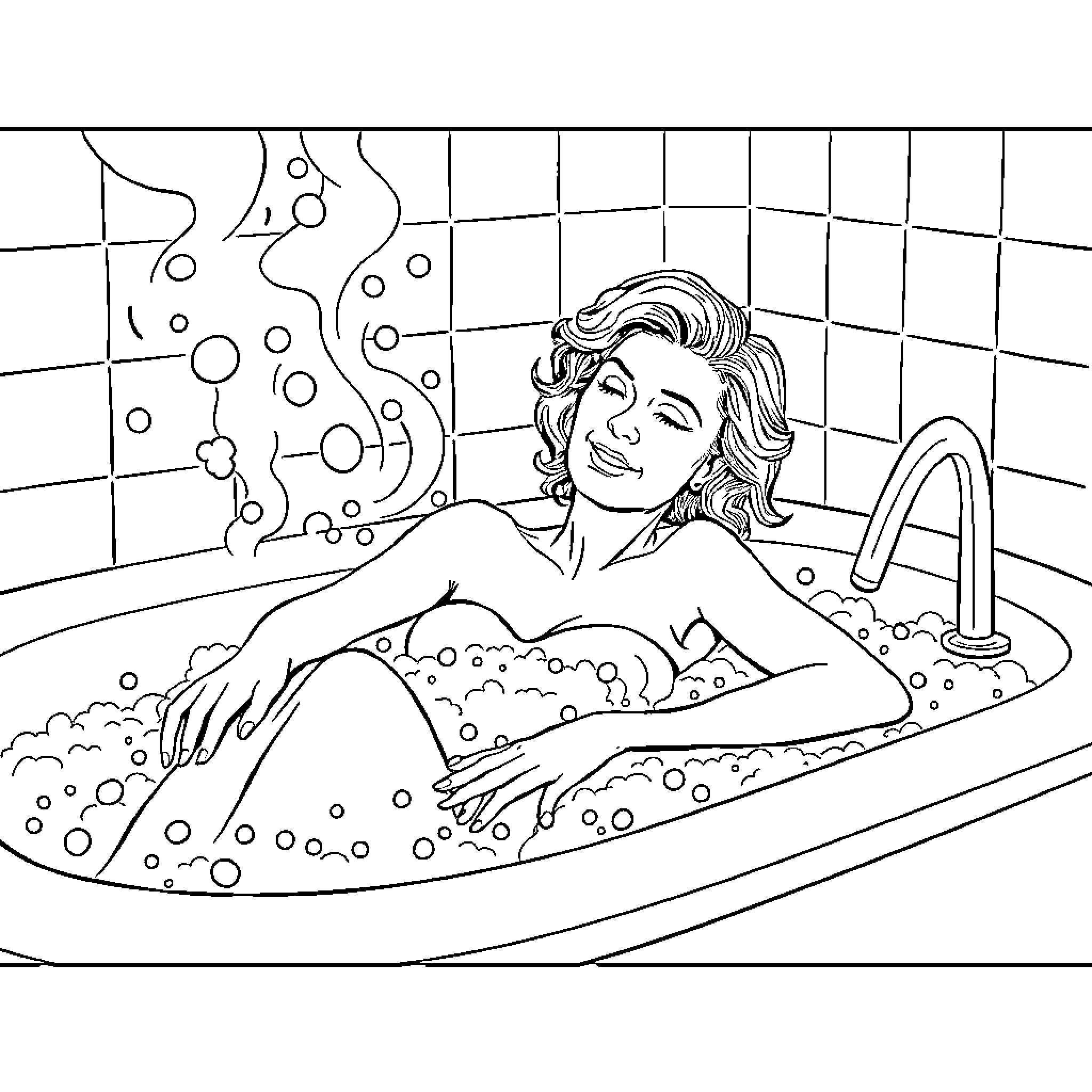 Ellen Ripley relaxing in a bubble bath Coloring Page (free black-and-white line drawing printable PDF for all, from beginners to advanced learners, including children, teens, adults, and seniors)
