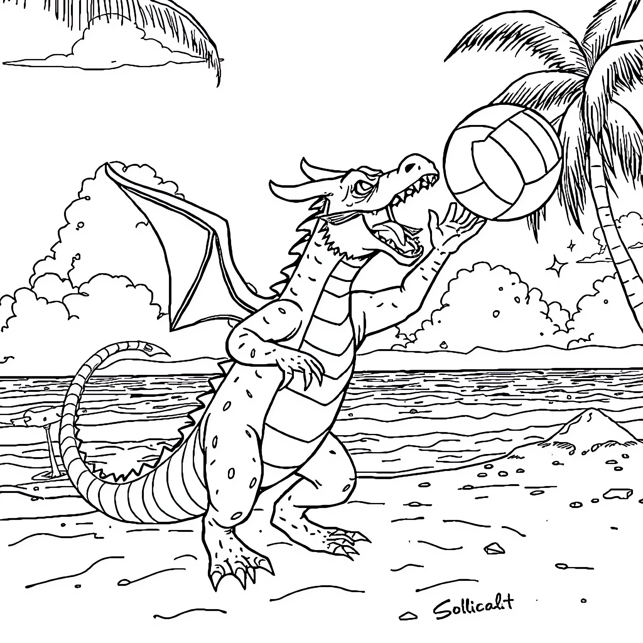 Dragon playing beach volleyball in tropical paradise Coloring Page (free black-and-white line drawing printable PDF for all, from beginners to advanced learners, including children, teens, adults, and seniors)