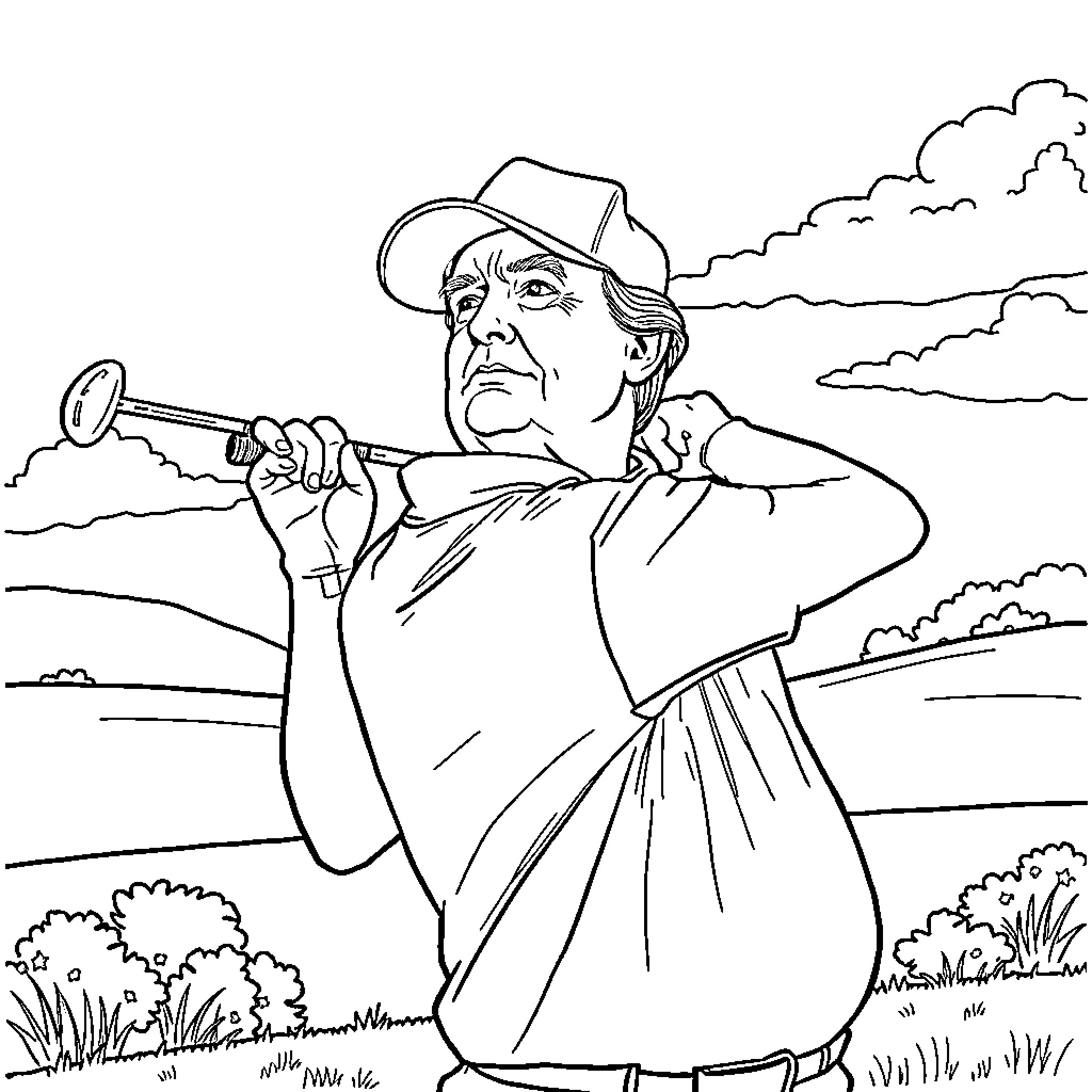 Donald Trump playing golf in the countryside Coloring Page (free black-and-white line drawing printable PDF for all, from beginners to advanced learners, including children, teens, adults, and seniors)