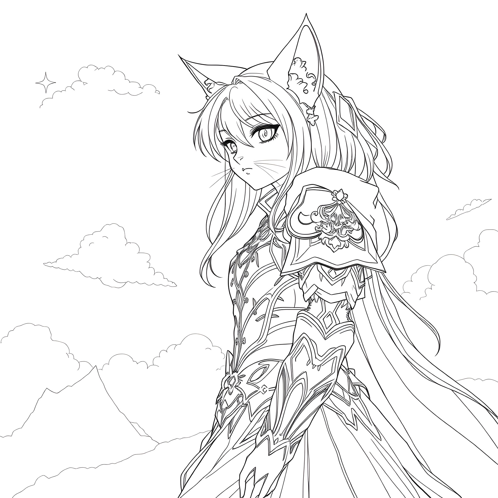 Catgirl in Elegant Celestial Attire Coloring Page (free black-and-white line drawing printable PDF for all, from beginners to advanced learners, including children, teens, adults, and seniors)