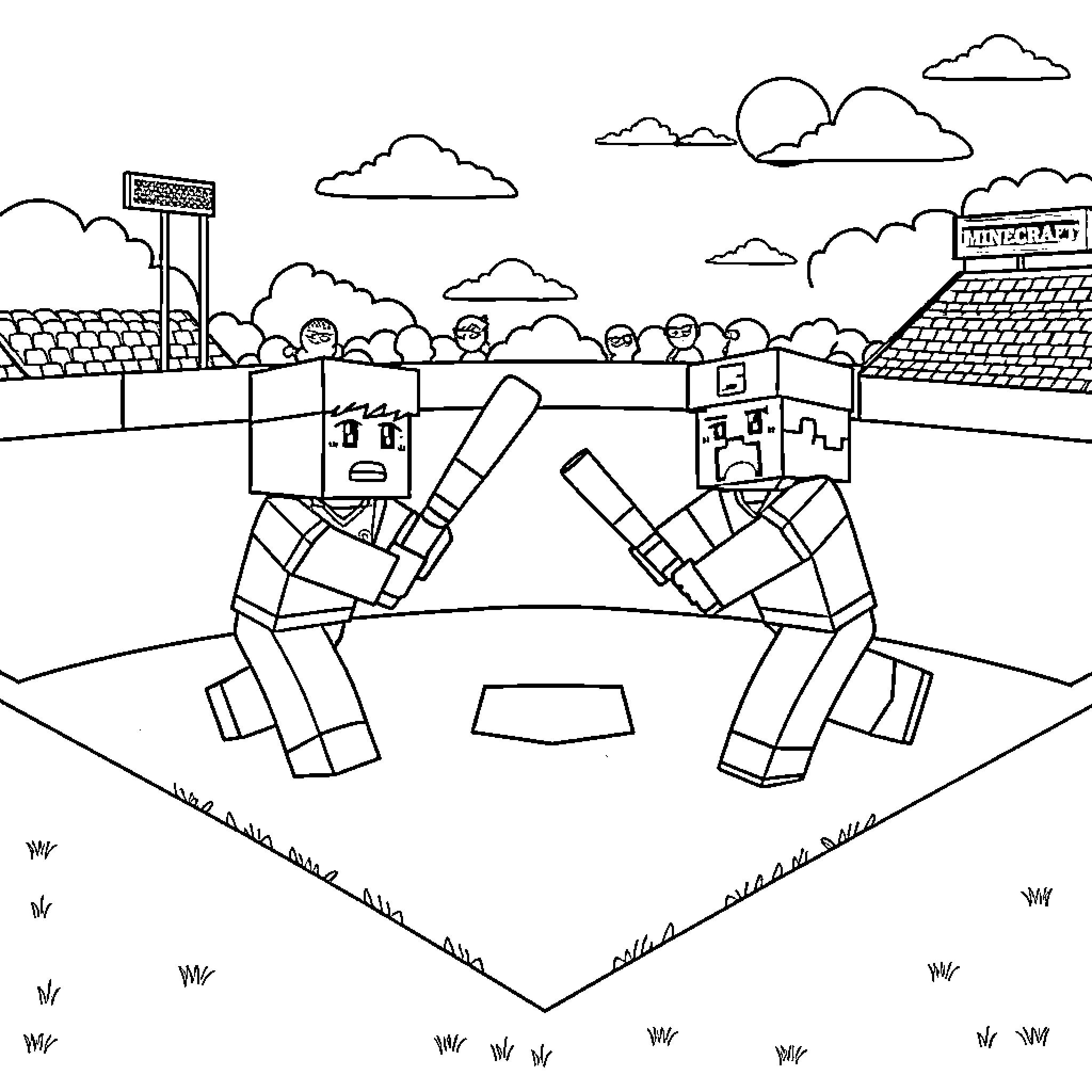 Minecraft characters playing cricket on a field Coloring Page (free black-and-white line drawing printable PDF for all, from beginners to advanced learners, including children, teens, adults, and seniors)