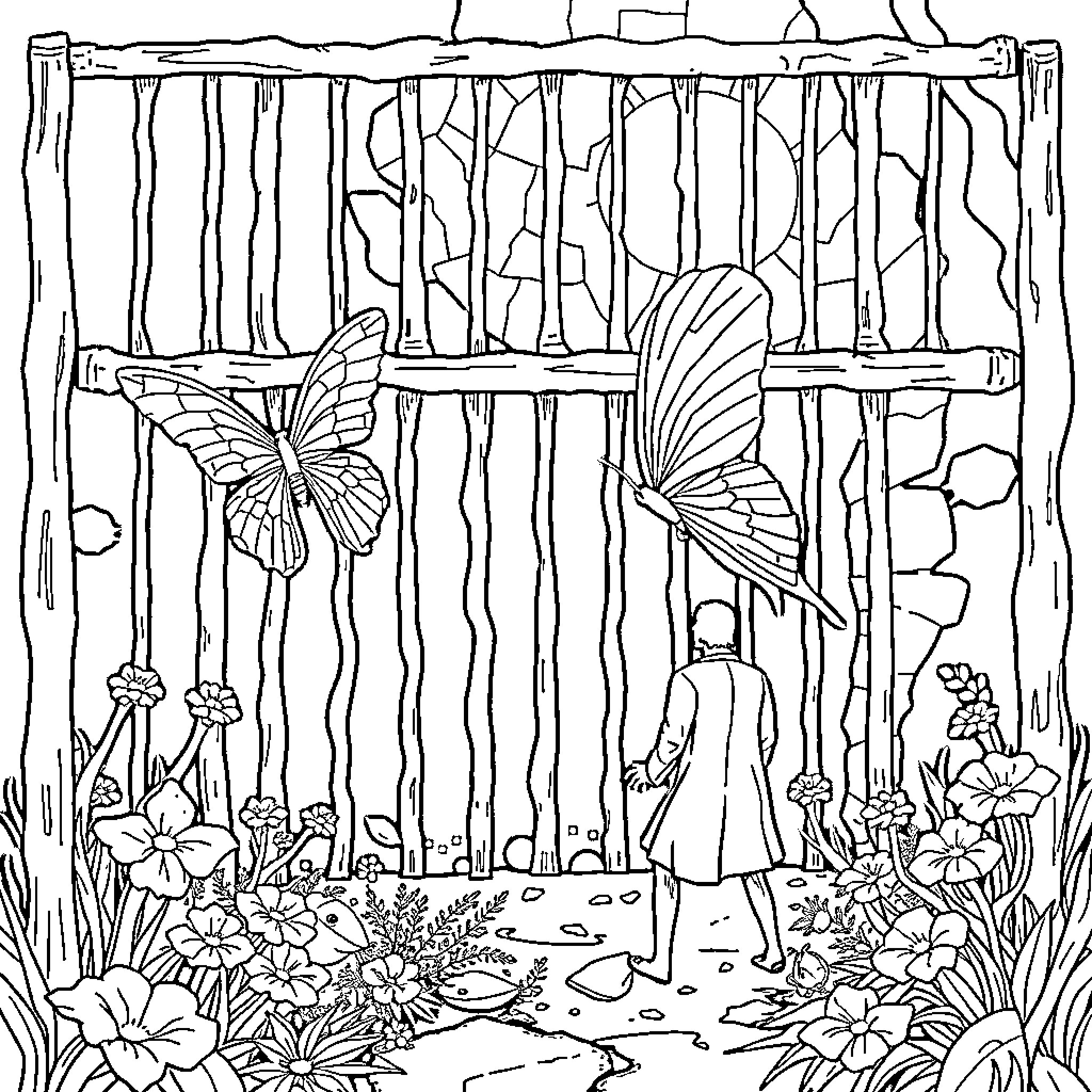 Papillon: Enchanted Garden with Whimsical Butterflies Coloring Page (free black-and-white line drawing printable PDF for all, from beginners to advanced learners, including children, teens, adults, and seniors)