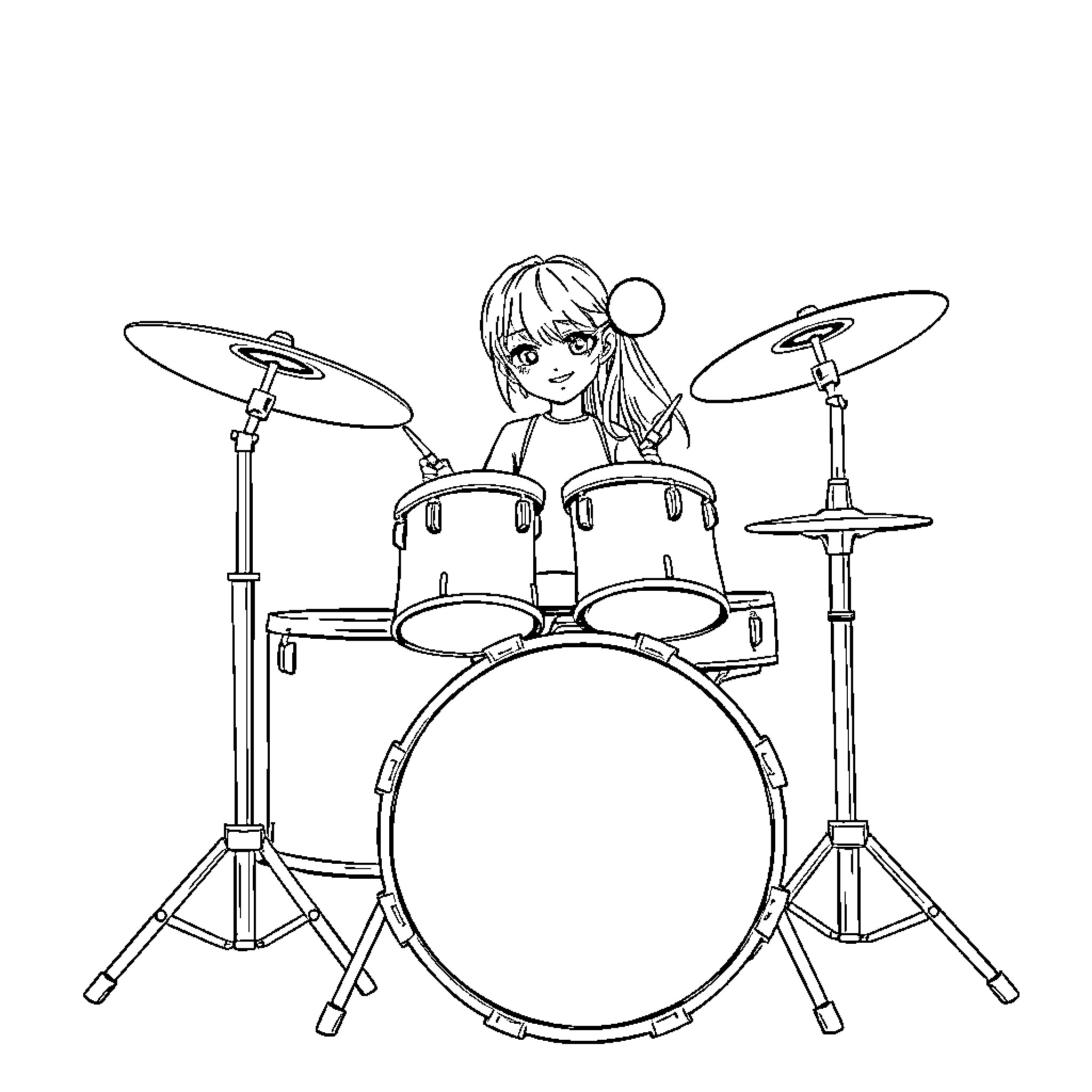 Girl playing drums with enthusiasm Coloring Page (free black-and-white line drawing printable PDF for all, from beginners to advanced learners, including children, teens, adults, and seniors)