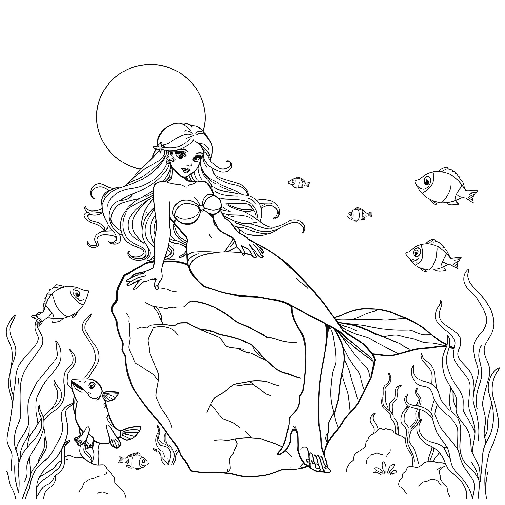 Mermaid relaxing on a rock amidst marine life Coloring Page (free black-and-white line drawing printable PDF for all, from beginners to advanced learners, including children, teens, adults, and seniors)