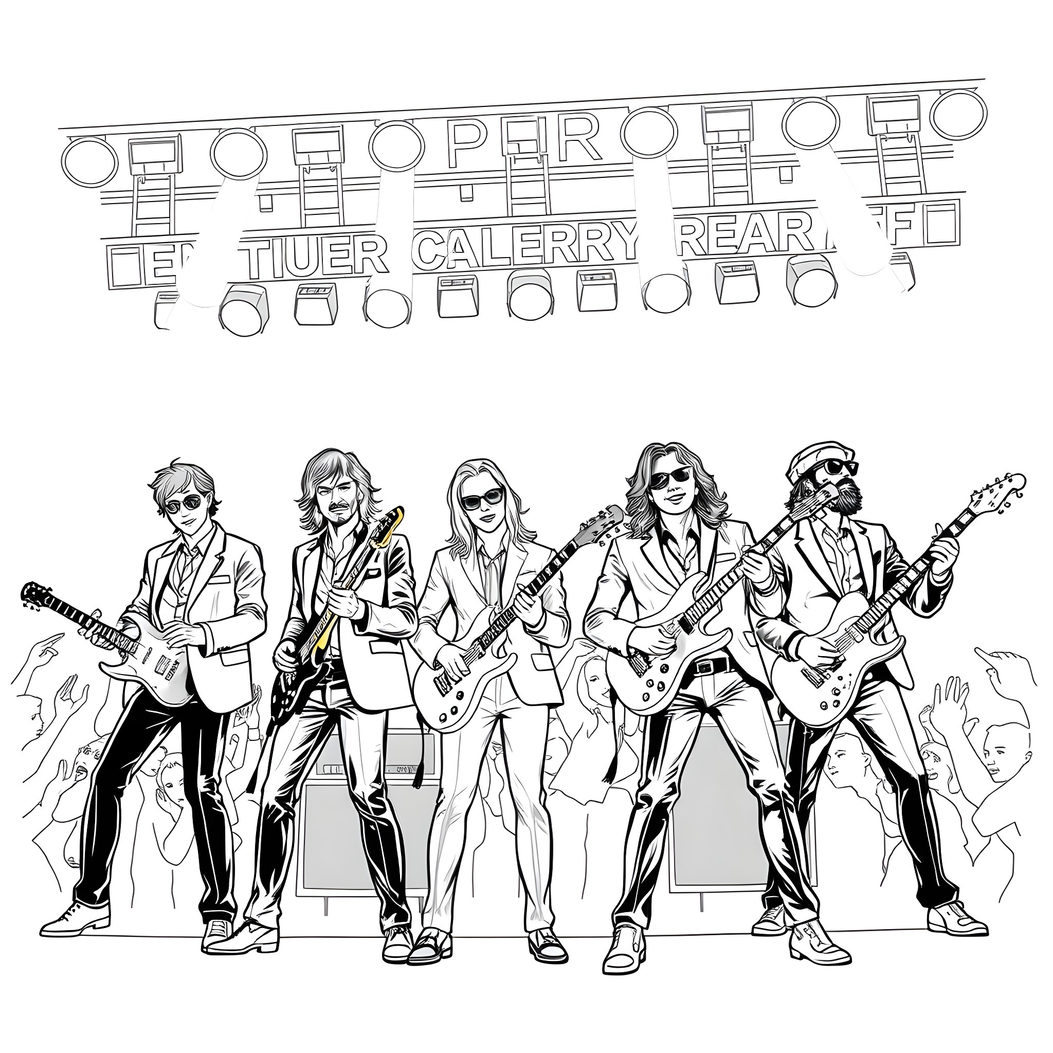 Rock Musician Performing on Stage with Guitar Coloring Page (free black-and-white line drawing printable PDF for all, from beginners to advanced learners, including children, teens, adults, and seniors)