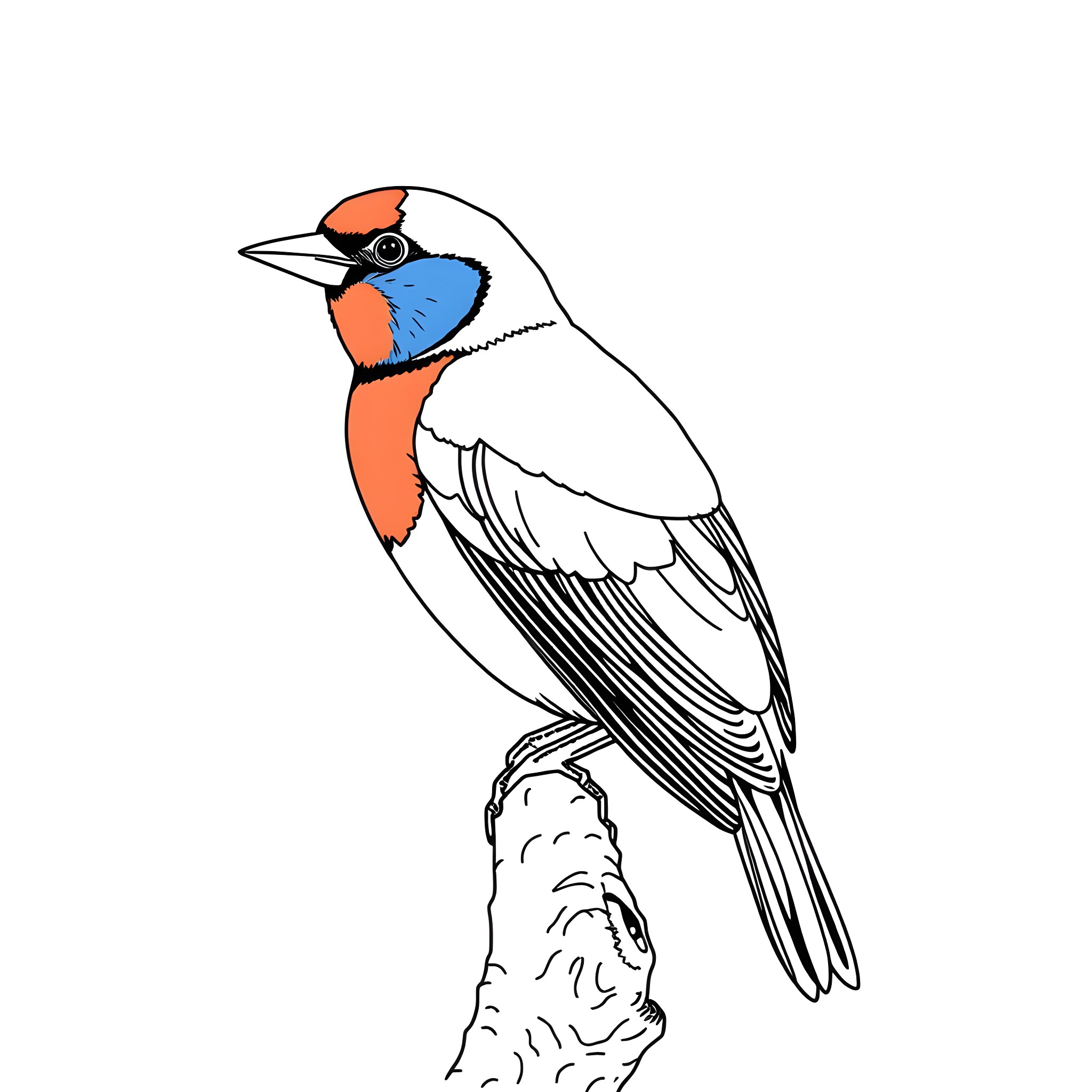 Gouldian Finch perched on a branch Coloring Page (free black-and-white line drawing printable PDF for all, from beginners to advanced learners, including children, teens, adults, and seniors)